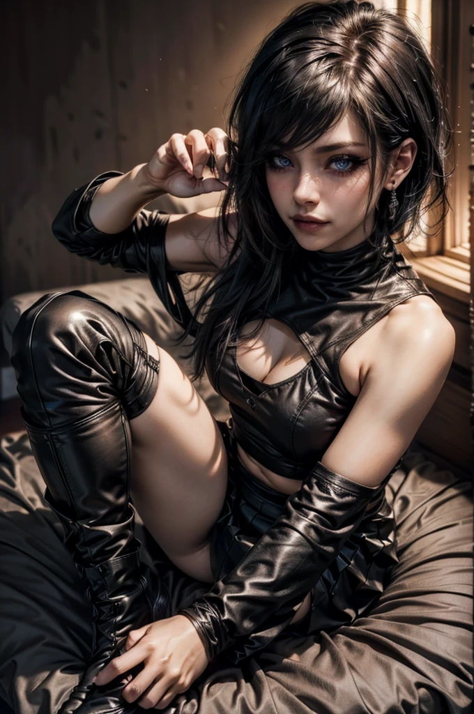 a beautiful young woman with short black emo-style hair, wearing a black semi-open shirt, a ruffled leather skirt, knee-high stockings, and leather boots, navel piercing, sitting in a butterfly pose on a bed, mascara, smokey eyeshadow, dark eyeliner, (best quality,4k,8k,highres,masterpiece:1.2),ultra-detailed,(realistic,photorealistic,photo-realistic:1.37),highly detailed portrait,dramatic lighting,soft focus,warm color tones,detailed facial features,beautiful detailed eyes,beautiful detailed lips,extremely detailed eyes and face,long eyelashes,sensual expression,moody atmosphere,luxurious bedroom interior,silk bedsheets,aesthetic,fashion photography,editorial style