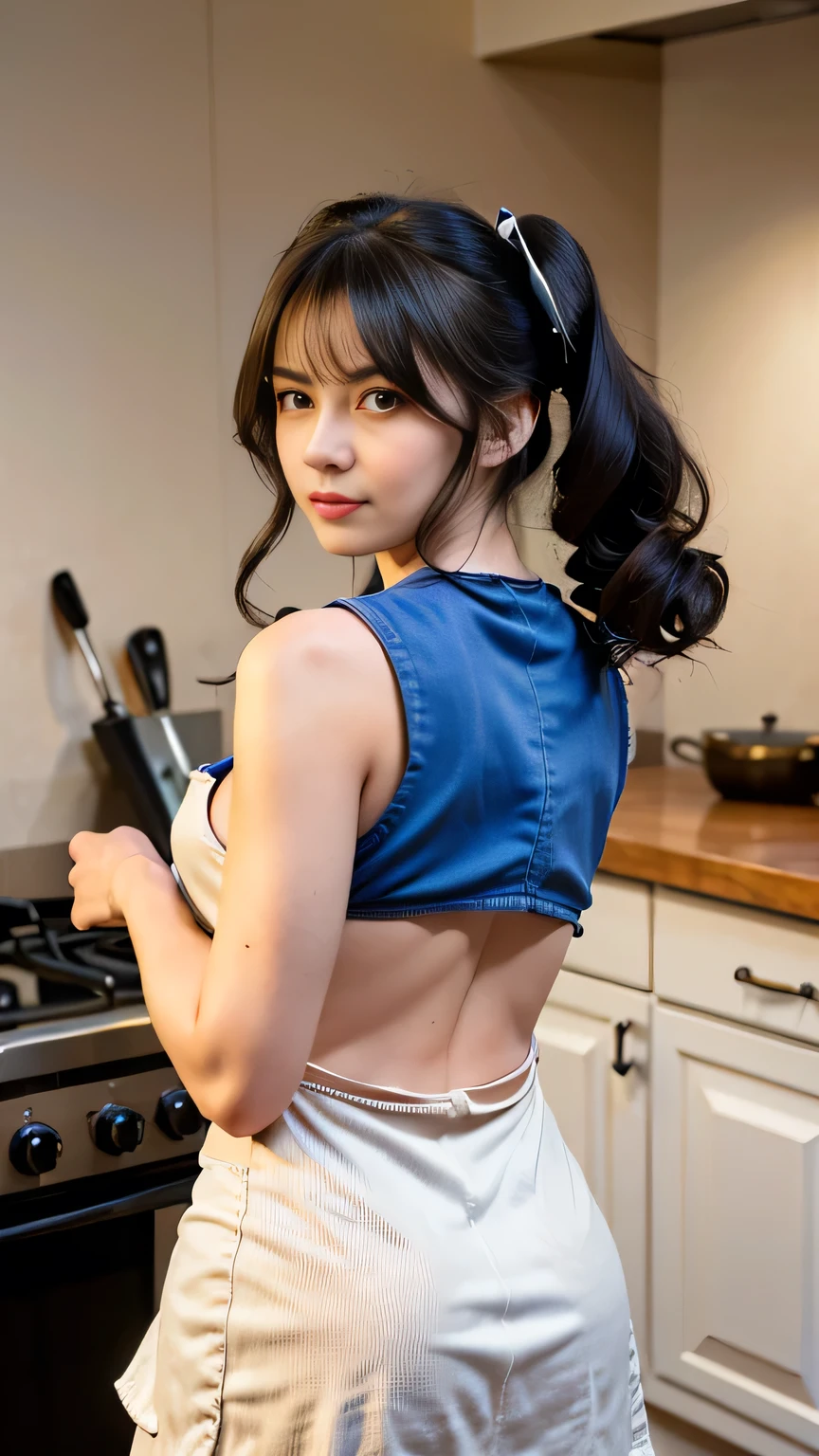 Woman cooking、age19、(Dressed naked，Wear a slim mini apron:1.3)、4K、((hight resolution、tmasterpiece、top-quality:1.3)),Fine skin、sharp focus、Soft lighting、dynamic ungle、(Detailed face:1.2)、(((In the kitchen))) Cute smile　Viewer's Perspective　Colossal 　tying  hair　Sleeveless　Stretch your upper arms　Stretch your shoulders　cleanness　Large kitchen　Beautiful kitchen　((Beautiful straight wavy curls，By bangs))　put down hands，Prepare the coffee　a little bit smile　((There is no fabric on the back of the apron、Cracks in the buttocks are perfectly visible.))((It's sex in the kitchen:1.3))(((This is a sex apron)))(((Cracks in the buttocks are perfectly visible)))((Stretch the buttocks further，Exposing cracks))at this、Very thick and rigid upright type available　This is a very big one .. Juice overflows from the opening of the girl's vagina