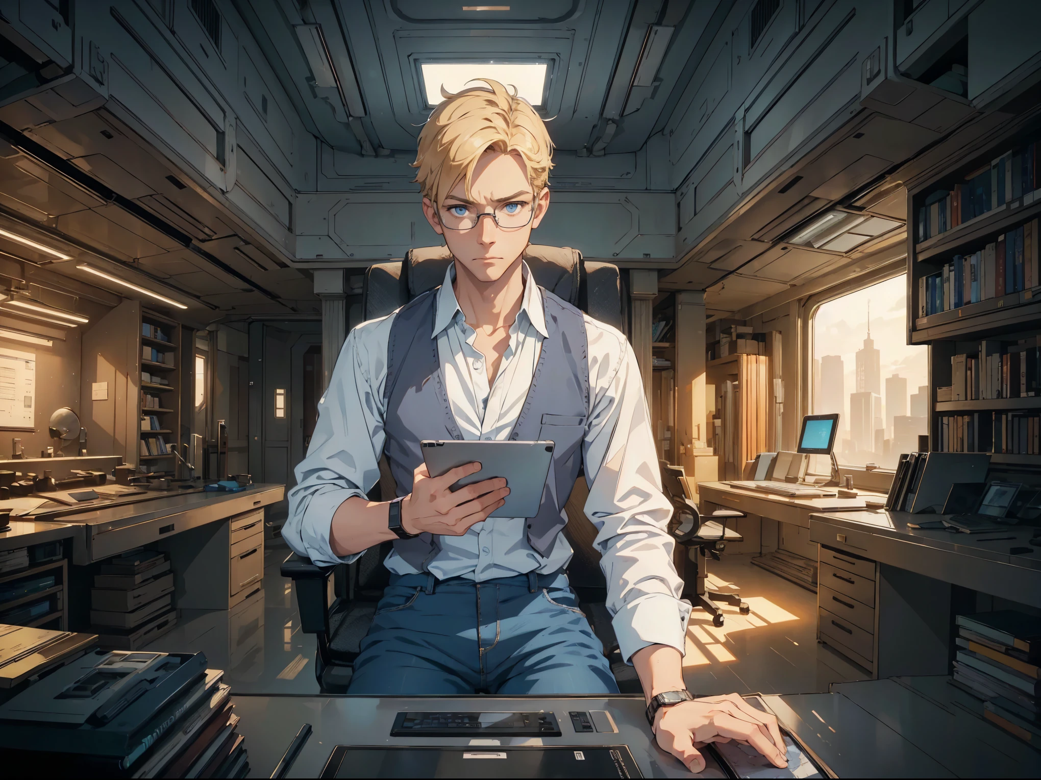 masterpiece, high quality, male, mid-30s, (upper body), sitting, ((holding tablet)), tall, average looking, nerdy, short blond hair, blue eyes, (glasses), looking worried, looking sad, wearing white shirt, [(unbuttoned) waistcoat : 3], cargo jeans, wristwatch, (empty) 21st century laboratory, intricate details, computer monitors, bookshelves