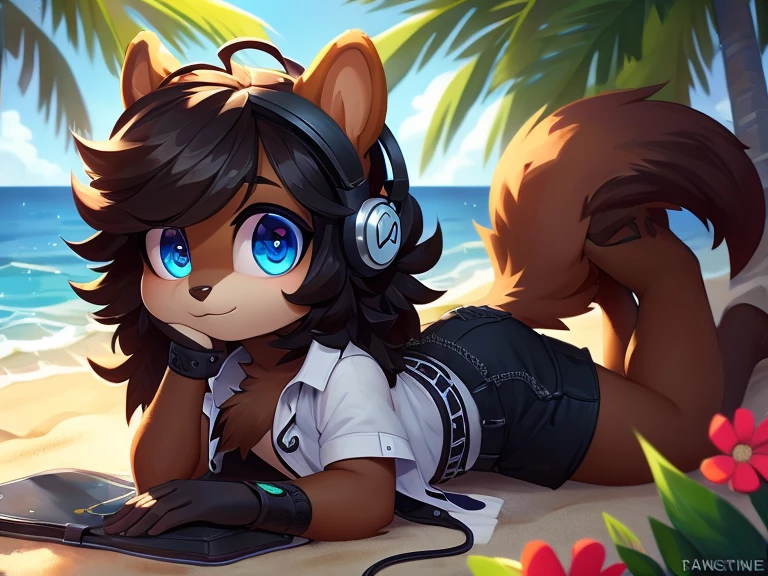 Furry boy, cute squirrel, thick hair, detailed body, open shirt, shorts, background, beach, flower, hair, headphones on the head, different colored eyes, gothic art, best high quality, taste, masterpiece. 