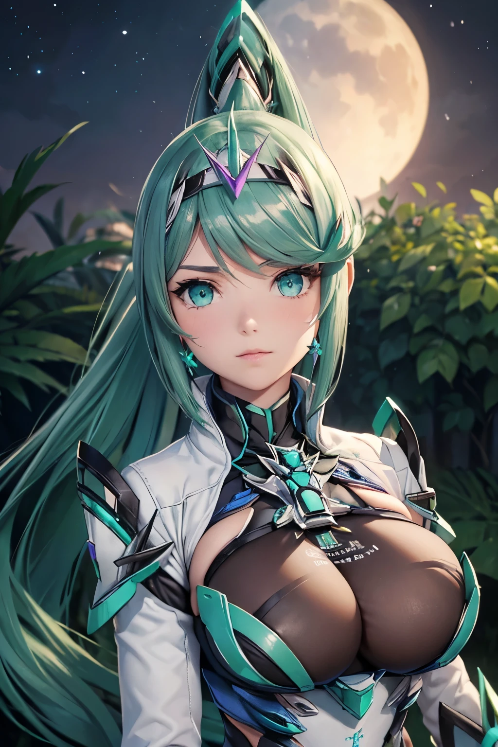 (((only top of character))), (portrait), ((pathway)), night, ((perfect eyes)), (finely detailed eyes and detailed face:1.3), (extremely fine and beautiful:1.1), (Perfect details:1.1), Pneuma ( xenoblade), hair ornament, gem, headpiece, armor, gloves, chest jewel, dark green eyes, very long hair, earrings, ponytail, jewelry, tiara, swept bangs, bangs, green hair, long hair,