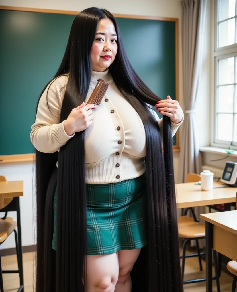 8k,Highest quality, masterpiece, Ultra-high resolution,(masterpiece:1.6, Highest quality), Intricate details, 1 female, Middle-aged woman in her 50s, japanese, full body, top of head, ((Absurdly Long hair:1.5)),(jet Black Hair), ((forehead:1.5)), fat, ((huge breasts, gigantic breasts:1.5)), ((super Saggy breasts:1.5)), ((pale skin, shiny skin red lips)),((A mature woman dressed in a schoolgirl costume is combing her incredibly long, glossy black hair with a wooden comb.:1.5)),,((school uniform cream colored cardigan,Green checked mini skirt:1.3)),(( School Classroom, blackboard ,chair,machine,Wooden comb:1.2))