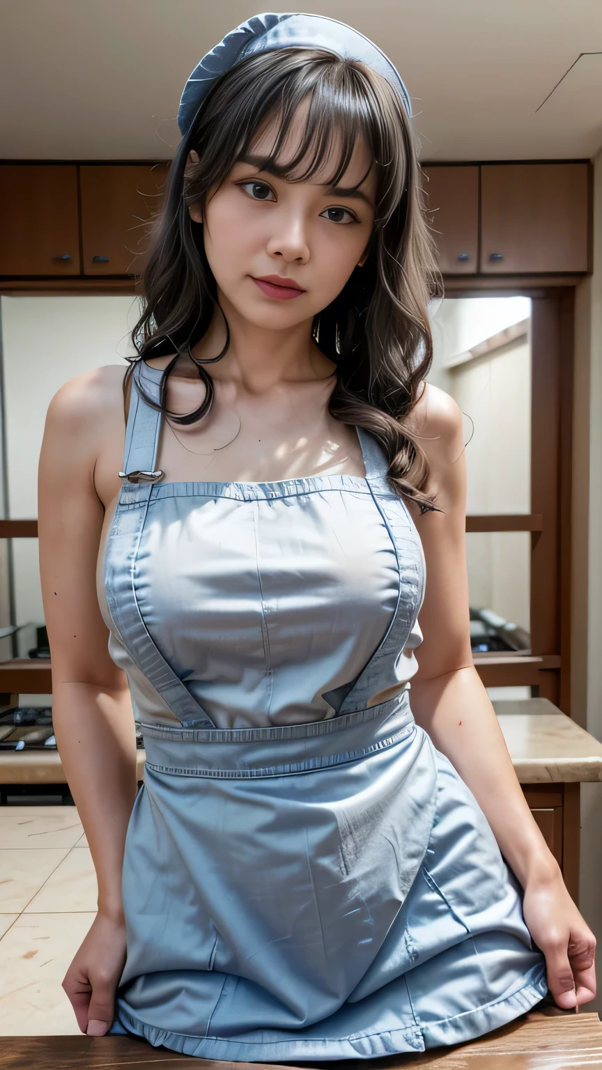 Woman cooking、age19、(Dressed naked，Wear a slim mini apron:1.3)、4K、((hight resolution、tmasterpiece、top-quality:1.3)),Fine skin、sharp focus、Soft lighting、dynamic ungle、(Detailed face:1.2)、(((In the kitchen))) Cute smile　Viewer's Perspective　Colossal 　tying  hair　Sleeveless　Stretch your upper arms　Stretch your shoulders　cleanness　Large kitchen　Beautiful kitchen　((Beautiful straight wavy curls，By bangs))　put down hands，Prepare the coffee　a little bit smile　((There is no fabric on the back of the apron、Cracks in the buttocks are perfectly visible.))((It's sex in the kitchen:1.3))(((This is a sex apron)))(((Cracks in the buttocks are perfectly visible)))((Stretch the buttocks further，Exposing cracks))at this、Very thick and rigid upright type available　This is a very big one .. Juice overflows from the opening of the girl's vagina