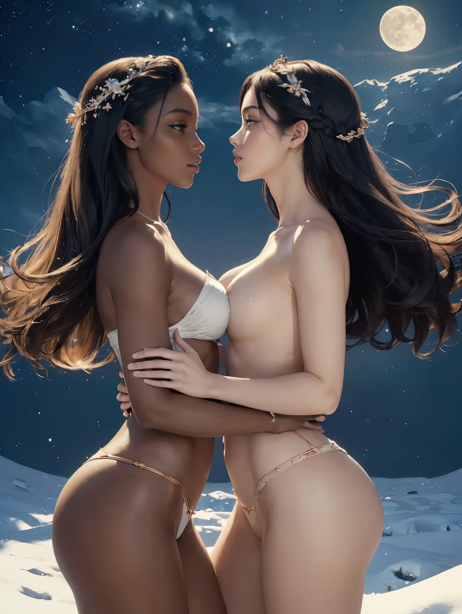 NSFW, (masterpiece, best quality:1.5), oil painting by Leonardo da Vinci and Alfons Maria Mucha, (perfect anatomy), two gorgeous and stunning pale-skinned young pregnant goddesses is deeply in love with each other, kiss, fantastic make-up, jewelry, romantic atmosphere, snow and moon, magnificent panorama view