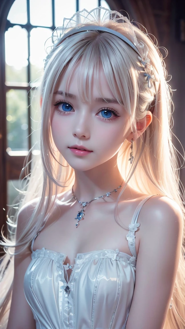 8k, top quality,The real picture, intricate details ,超A high resolution, depth field ,Masseter muscle area, natural soft light for a little smile, professional lighting, 1 girl ,(cute:1.2),( gothic lolita fashion ),Bright expression, young shiny shiny white shiny skin ,The best beauty, the ultimate beautiful girl, the most beautiful platinum blonde hair in the world , shiny bright hair , long silky hair ,Shiny, beautiful bangs, very bright, very bright, mint-cream eyes that shine so beautifully,A lovely cute girl with a very beautiful innocent first 々Lovely cute 1 girl with a sweet young face、 hair that flutters like、Small Face Beauty、Round face、