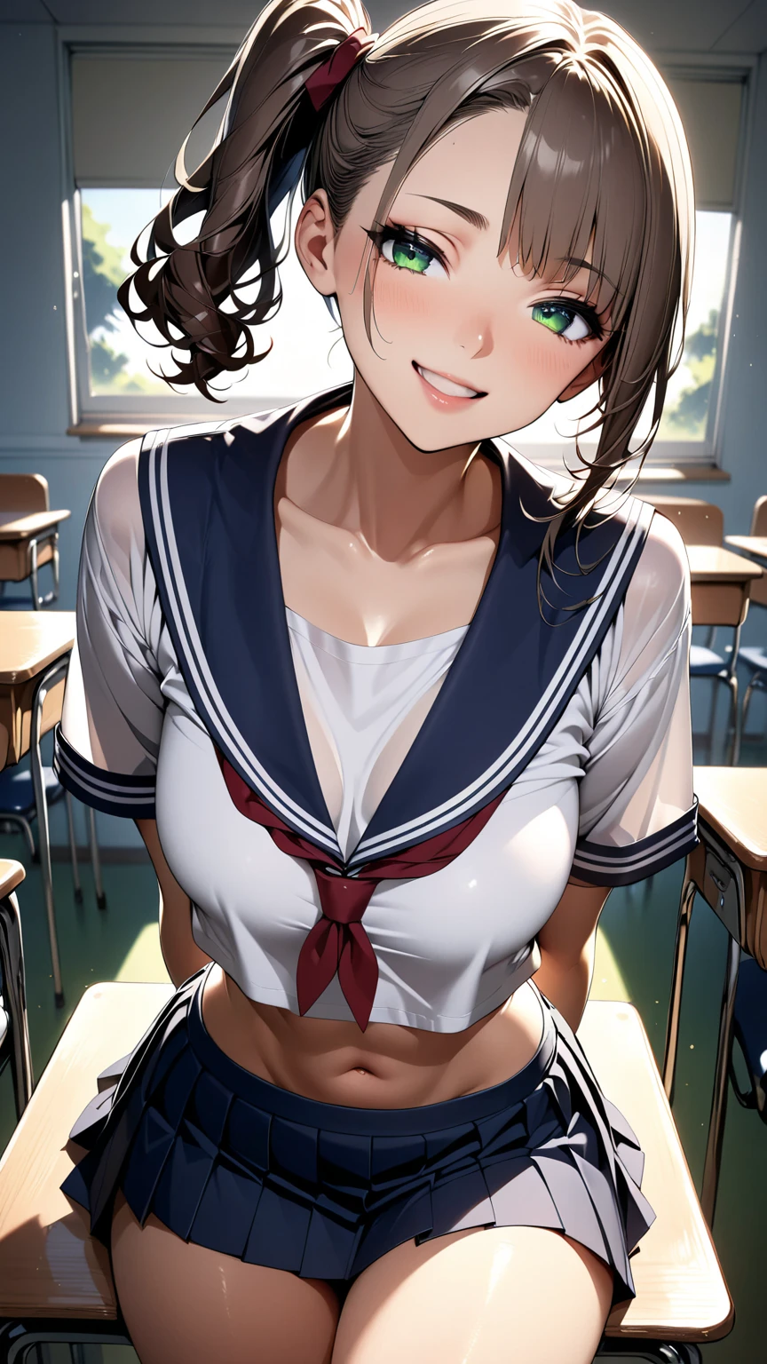 masterpiece, best quality, very aesthetic, semi-realistic anime, Sharp Focus, high contrast, 1lady, JK, detailed green eyes, half opened mouth, smile, dark brown silky hair, (hair pulled back), side ponytail, contrapposto, hands behind back, navel, Captivating thighs, knee, classroom, (sheer crop top white shirt), sailor suit, pleated skirt, red ribbon tie