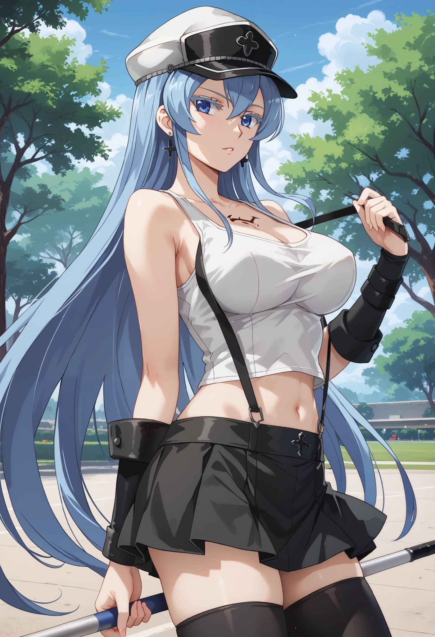 esdeath, blue eyes, blue hair, long hair, BIG BREASTS, eyelashes, red face, masterpiece, flowing bangs, single sidelock, break arm guards, bare shoulders, black skirt, black play sports often, black Thighhighs, clavicle, crop top, earrings, jewelry, abdomen, belly button, Single earring, skirt, play sports often, suspender skirt, suspenders, Tank top, teardrop earrings, Thighhighs, (white Tank top:1.5), zettai ryouiki, break looking at viewer, whole body, break outdoors, break (masterpiece:1.2), highest quality, High resolution, unity 8k wallpaper, (figure:0.8), (beautiful and fine eyes:1.6), highly detailed face, perfect lighting, Very detailed CG, (perfect hands, perfect anatomy), hat