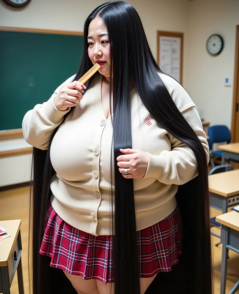 8k,Highest quality, masterpiece, Ultra-high resolution,(masterpiece:1.6, Highest quality), Intricate details, 1 female, Middle-aged woman in her 50s, japanese, full body, top of head, ((Absurdly Long hair:1.5)),(jet Black Hair), ((forehead:1.5)), fat, ((huge breasts, gigantic breasts:1.5)), ((super Saggy breasts:1.5)), ((pale skin, shiny skin red lips)),((A mature woman dressed in a schoolgirl costume is combing her incredibly long, glossy black hair with a wooden comb.:1.5)),((頭を横に傾ける:1.3)),((school uniform cream colored cardigan,red checked mini skirt:1.3)),(( School Classroom, blackboard ,chair,machine,Wooden comb:1.2))