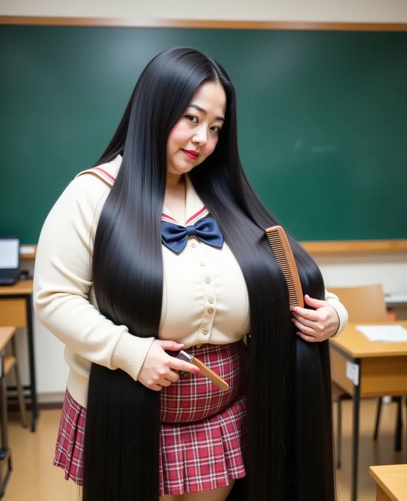 8k,Highest quality, masterpiece, Ultra-high resolution,(masterpiece:1.6, Highest quality), Intricate details, 1 female, Middle-aged woman in her 50s, japanese, full body, top of head, ((Absurdly Long hair:1.5)),(jet Black Hair), ((forehead:1.5)), fat, ((huge breasts, gigantic breasts:1.5)), ((super Saggy breasts:1.5)), ((pale skin, shiny skin red lips)),((A mature woman dressed in a schoolgirl costume is combing her incredibly long, glossy black hair with a wooden comb.:1.5)),((頭を横に傾ける:1.3)),((school uniform cream colored cardigan,red checked mini skirt:1.3)),(( School Classroom, blackboard ,chair,machine,Wooden comb:1.2))