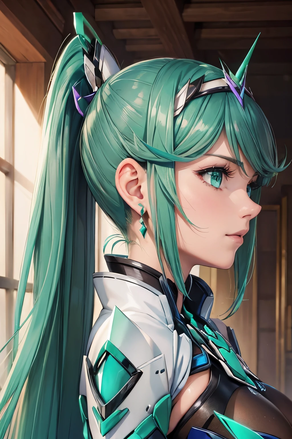 (((only top of character))), (portrait), ((pathway)), ((perfect eyes)), (finely detailed eyes and detailed face:1.3), (extremely fine and beautiful:1.1), (Perfect details:1.1), Pneuma ( xenoblade), hair ornament, gem, headpiece, armor, gloves, chest jewel, dark green eyes, very long hair, earrings, ponytail, jewelry, tiara, swept bangs, bangs, green hair, long hair, (side view)