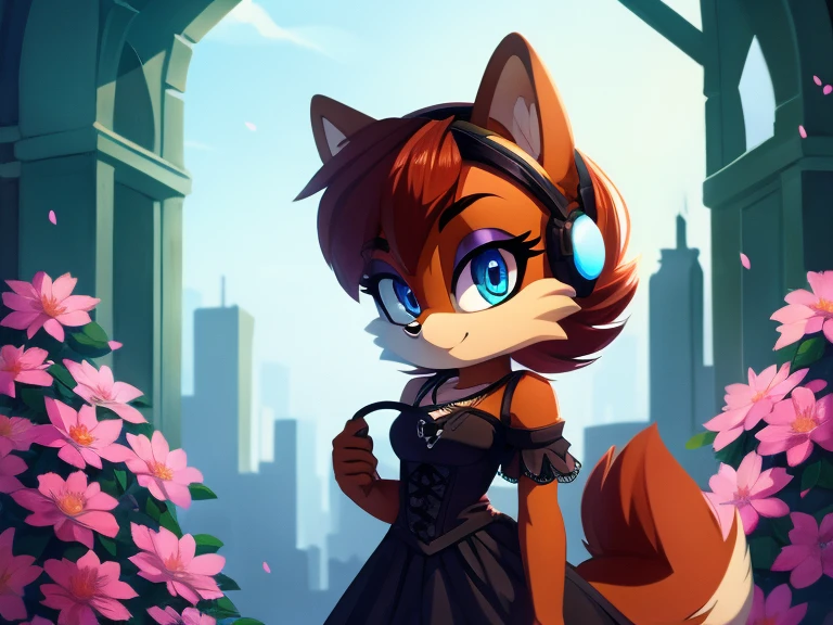 Girl Sally Acorn Squirrel Bonnie Short hairstyle Detailed body Plain clothes Flower hair Headphones on the head Different colored eyes Gothic art Best high quality Masterpiece Nice background 