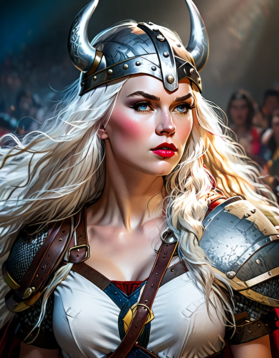 (best quality, highres, ultra-detailed, realistic:1.37), character concept art, a female viking warrior, Standing powerful, extremely sexy, seductive, long white hair, luscious lips, comic book art, rough colored sketch, vibrant colors, soft lighting