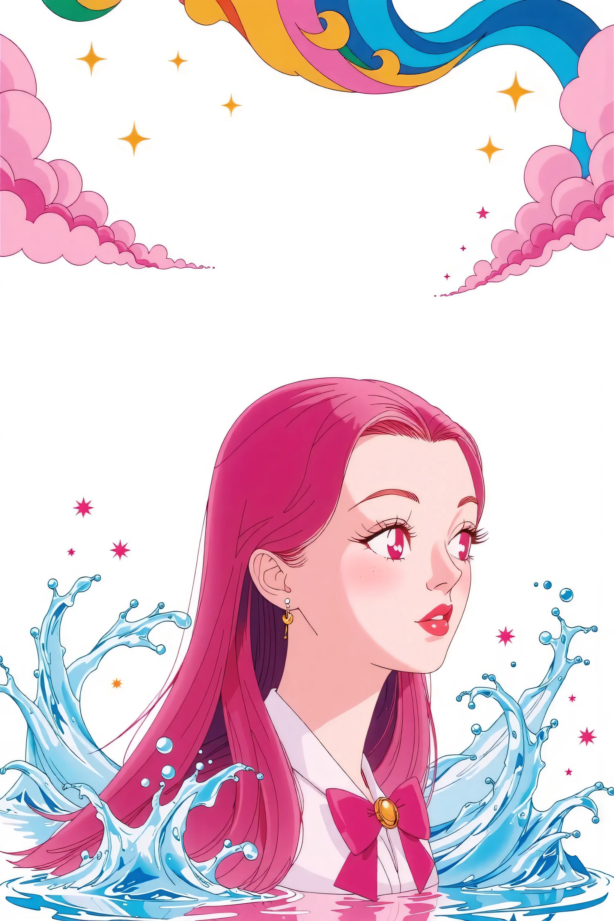(White background:1.4),((Wicked Lady from Sailor Moon)), head silhouette, pink hair, Oriental elements,(Chinese illustration:1.3,Paper Art:1.3, キルティングPaper Art:1.2),( Streamlined Design, Clear lines, High sharpness,Better Quality, Very detailed, Master Parts, Film Light Effect, 4K ) Illustration design, porcelain doll skin, beautiful detailed red eyes, beautiful detailed lips, extremely detailed gold eyes and face, long eyelashes, upper body, from side, looking at viewer, (fractal art:1.3), (pink hair:1.2), water, liquid, cloud, colorful, starry, stars, (best quality, 4k, 8k, highres, masterpiece:1.2), ultra-detailed, (realistic, photorealistic, photo-realistic:1.37), vibrant colors, studio lighting, extremely detailed description, professional, concept art, surreal, 1920s french vibe, monochromatic gold and pink palette, in the style of french illustrator moebius, gold elements,