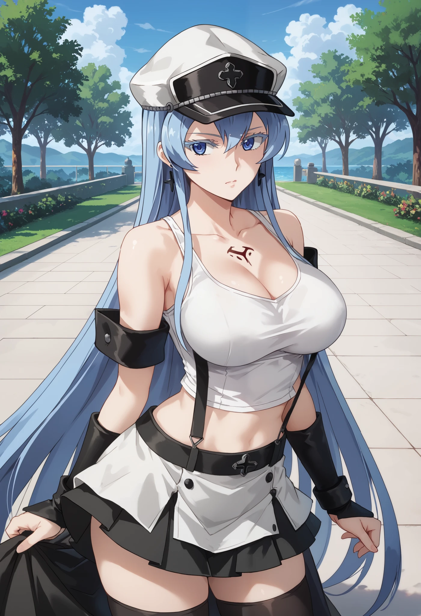 esdeath, blue eyes, blue hair, long hair, BIG BREASTS, eyelashes, red face, masterpiece, flowing bangs, single sidelock, break arm guards, bare shoulders, black skirt, black play sports often, black Thighhighs, clavicle, crop top, earrings, jewelry, abdomen, belly button, Single earring, skirt, play sports often, suspender skirt, suspenders, Tank top, teardrop earrings, Thighhighs, (white Tank top:1.5), zettai ryouiki, break looking at viewer, whole body, break outdoors, break (masterpiece:1.2), highest quality, High resolution, unity 8k wallpaper, (figure:0.8), (beautiful and fine eyes:1.6), highly detailed face, perfect lighting, Very detailed CG, (perfect hands, perfect anatomy), hat