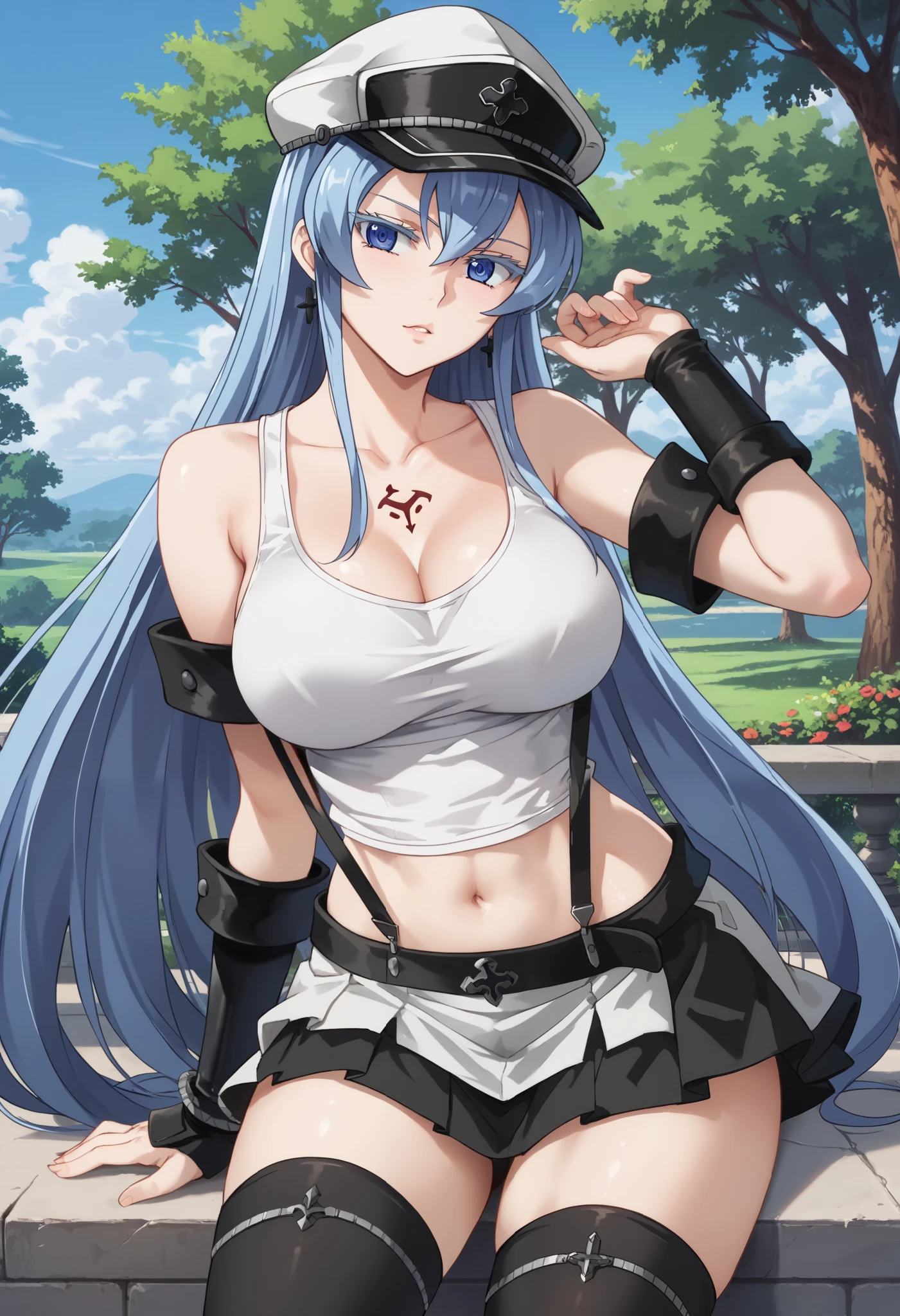 esdeath, blue eyes, blue hair, long hair, BIG BREASTS, eyelashes, red face, masterpiece, flowing bangs, single sidelock, break arm guards, bare shoulders, black skirt, black play sports often, black Thighhighs, clavicle, crop top, earrings, jewelry, abdomen, belly button, Single earring, skirt, play sports often, suspender skirt, suspenders, Tank top, teardrop earrings, Thighhighs, (white Tank top:1.5), zettai ryouiki, break looking at viewer, whole body, break outdoors, break (masterpiece:1.2), highest quality, High resolution, unity 8k wallpaper, (figure:0.8), (beautiful and fine eyes:1.6), highly detailed face, perfect lighting, Very detailed CG, (perfect hands, perfect anatomy), hat