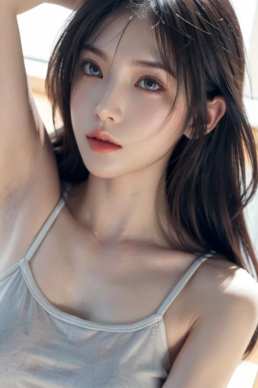  girl,   upper body shot ,  precise and beautiful eyes ,  Beautifully detailed lips ,  has long eyelashes,  high definition ,  high definition eyes and face , camisole that feels around the crotch，  long black hair，