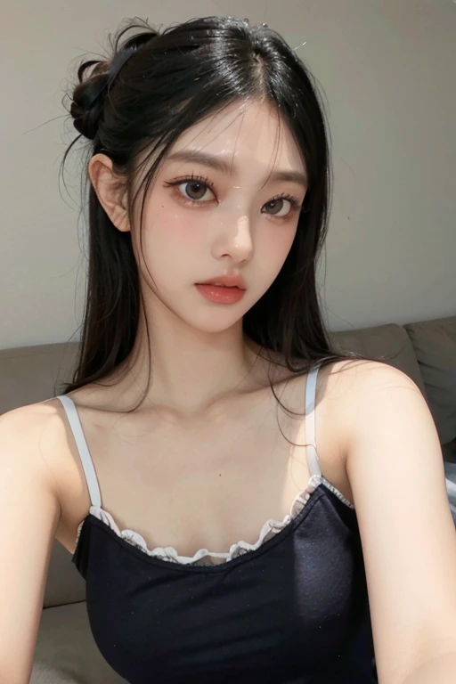  girl,   upper body shot ,  precise and beautiful eyes ,  Beautifully detailed lips ,  has long eyelashes,  high definition ,  high definition eyes and face , camisole that feels around the crotch，  long black hair，