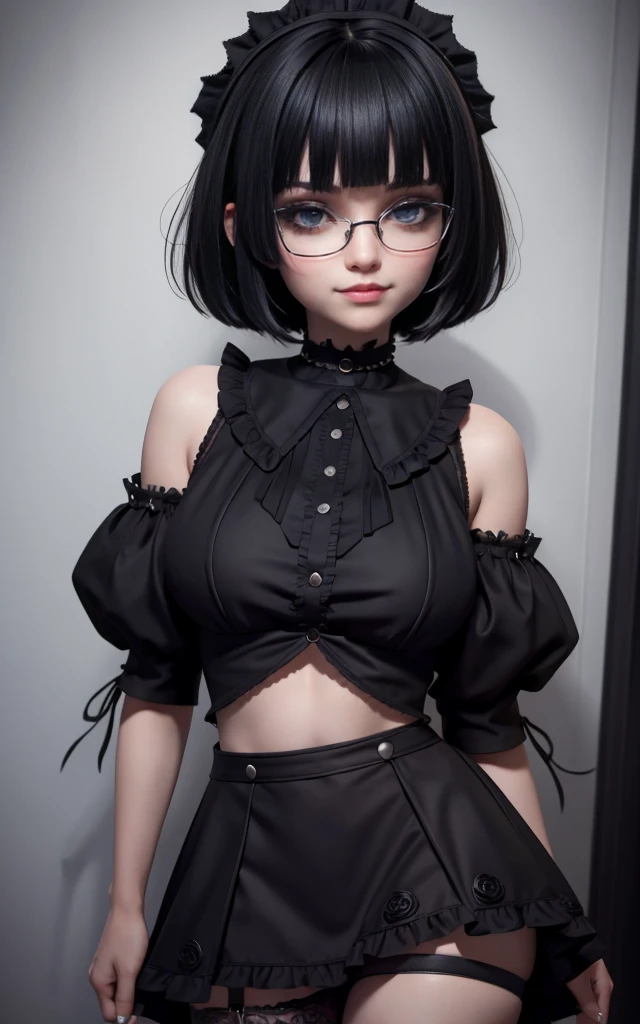 A girl， Black bob head with bangs ， With large black round eyeglass frame，Blue eye color， micro mini skirt with ruffles , heavy goth makeup , smile into the camera，gothic