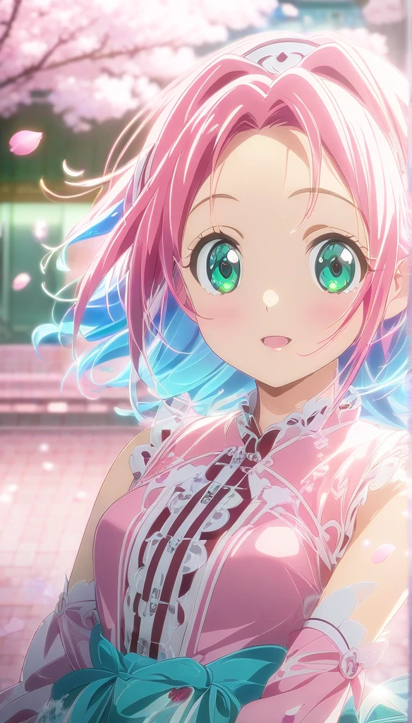 Anime girl with pink hair and green eyes posing for a photo, Sakura Haruno,  best anime 4k konachan wallpaper,  attractive anime girl , Marin Kitagawa Doujin Figure , Cherry blossom petals surround her ,  anime Lolita style splash art , Anime style 4K,  Animated Cute Style , High quality anime style ,  Detailed animated illustrations, Anime Wallpaper, Best Girl in Anime