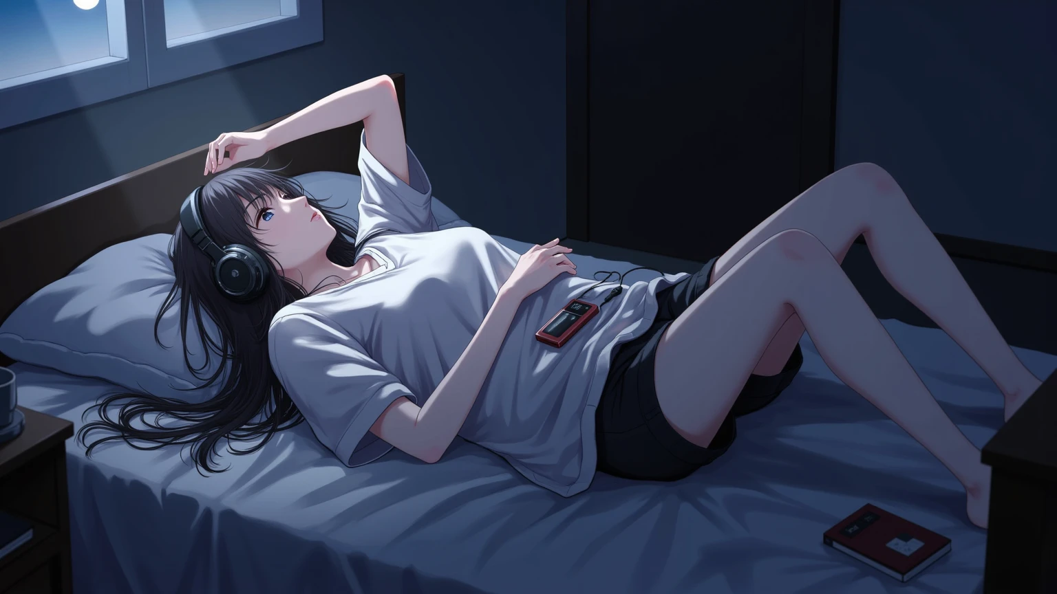 anime_d4rk, alone, solo, 1girl, young girl, lying on bed, headphones, music, melancholic mood, dimly lit room, introspection, night, messy bed, loose clothes, long hair, this is a digital illustration in a soft, melancholic style, depicting a young girl lying on her back on an unmade bed, staring blankly at the ceiling. She wears oversized headphones, connected to a small music player resting on the pillow beside her. Her long, slightly tangled hair fans out across the pillow, and her loose, comfortable shirt and shorts suggest she is seeking solace in the quiet of her room.

The room is dimly lit by the soft, cool glow of moonlight streaming through a half-open window. Shadows dance on the walls, while faint traces of light reflect off scattered objects on a nearby desk, including a notebook and a cup. The bed is simple, with crumpled sheets and a blanket pushed to one side, adding a sense of quiet disarray. The girl's expression is distant, her lips slightly parted, as if lost in thought or drifting in the emotions carried by the music. The muted tones of the room, dominated by shades of blue and gray, enhance the feeling of solitude and introspection, capturing the quiet melancholy of the moment.