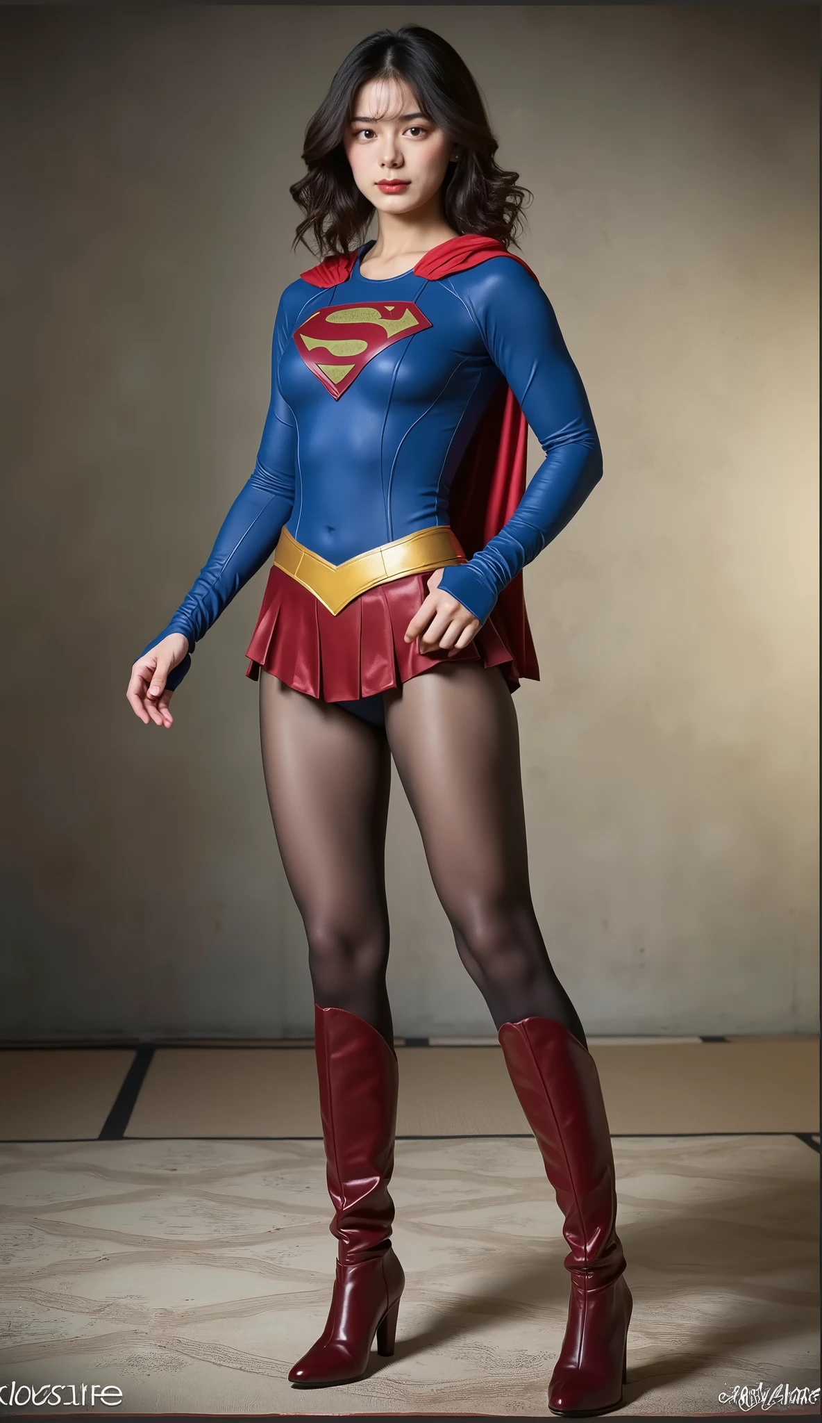 background 、((( Depicting beautiful legs in black tights .)))、((( Legally express the beauty of your smile )))、(((( make the most of your own original image )))、((( Rolling backwards in a supergirl costume )))、(((ボディにフィットした Rolling backwards in a supergirl costume )))、(((Short beautiful hair)))、(((A smile and a wink )))、(((Please wear black tights....、Wear red boots)))、(( top quality、8k))、(( top quality、8k、 masterpiece on penis :1.3))、(((Save the background )))、 Strong concentration:1.2、 beautiful woman with perfect figure in a traditional Japanese room sitting on tatami mat :1.4、 slim abs :1.2、 High resolution face and skin texture 、8k