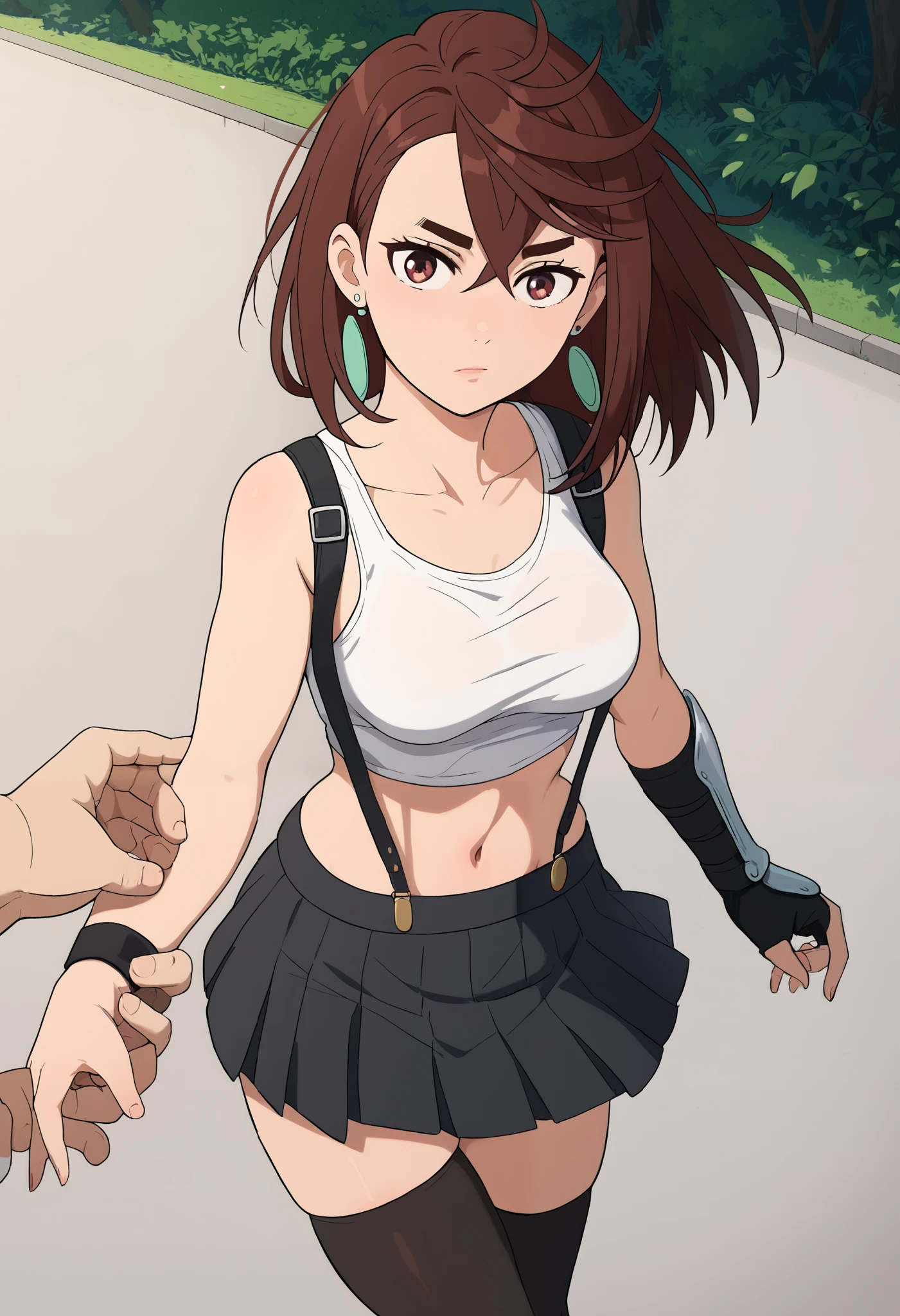 momo ayase, short hair, brown hair, brown eyes, bangs, thick eyebrows, medium breasts, flowing bangs, single sidelock, break arm guards, bare shoulders, black skirt, black play sports often, black Thighhighs, clavicle, crop top, earrings, jewelry, abdomen, belly button, Single earring, skirt, play sports often, suspender skirt, suspenders, Tank top, teardrop earrings, Thighhighs, (white Tank top:1.5), zettai ryouiki, break looking at viewer, whole body, break outdoors, break (masterpiece:1.2), highest quality, High resolution, unity 8k wallpaper, (figure:0.8), (beautiful and fine eyes:1.6), highly detailed face, perfect lighting, Very detailed CG, (perfect hands, perfect anatomy), earrings