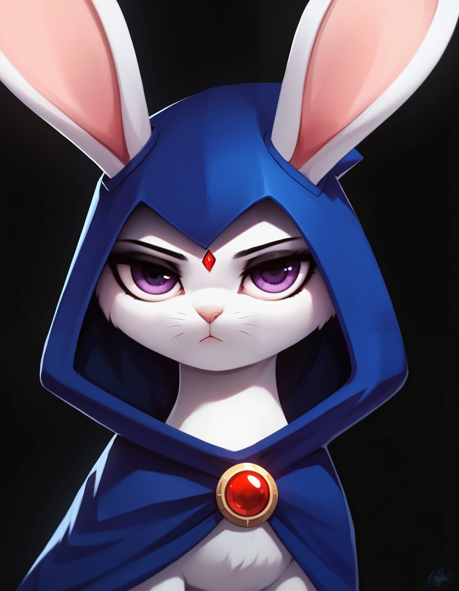 score_9, score_8_up, score_7_up, score_6_up, score_5_up, score_4_up, source_furry, kemono style, Anthro girl, raven teen titans, short purple hair, she is an Anthro white rabbit girl, long white rabbit ears, furry white bunny girl, bunny snout, pink bunny nose, forehead jewel, (furry white furred body, fluffy body):2, naked, wearing only blue hooded cloak, on her knees, covering her breasts, on the floor, simple background 