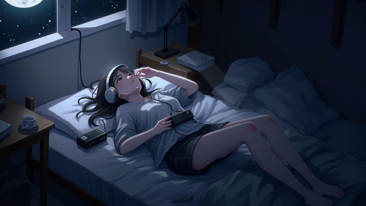 anime_d4rk, alone, solo, 1girl, young girl, lying on bed, headphones, music, melancholic mood, dimly lit room, introspection, night, messy bed, loose clothes, long hair, this is a digital illustration in a soft, melancholic style, depicting a young girl lying on her back on an unmade bed, staring blankly at the ceiling. She wears oversized headphones, connected to a small music player resting on the pillow beside her. Her long, slightly tangled hair fans out across the pillow, and her loose, comfortable shirt and shorts suggest she is seeking solace in the quiet of her room.

The room is dimly lit by the soft, cool glow of moonlight streaming through a half-open window. Shadows dance on the walls, while faint traces of light reflect off scattered objects on a nearby desk, including a notebook and a cup. The bed is simple, with crumpled sheets and a blanket pushed to one side, adding a sense of quiet disarray. The girl's expression is distant, her lips slightly parted, as if lost in thought or drifting in the emotions carried by the music. The muted tones of the room, dominated by shades of blue and gray, enhance the feeling of solitude and introspection, capturing the quiet melancholy of the moment.