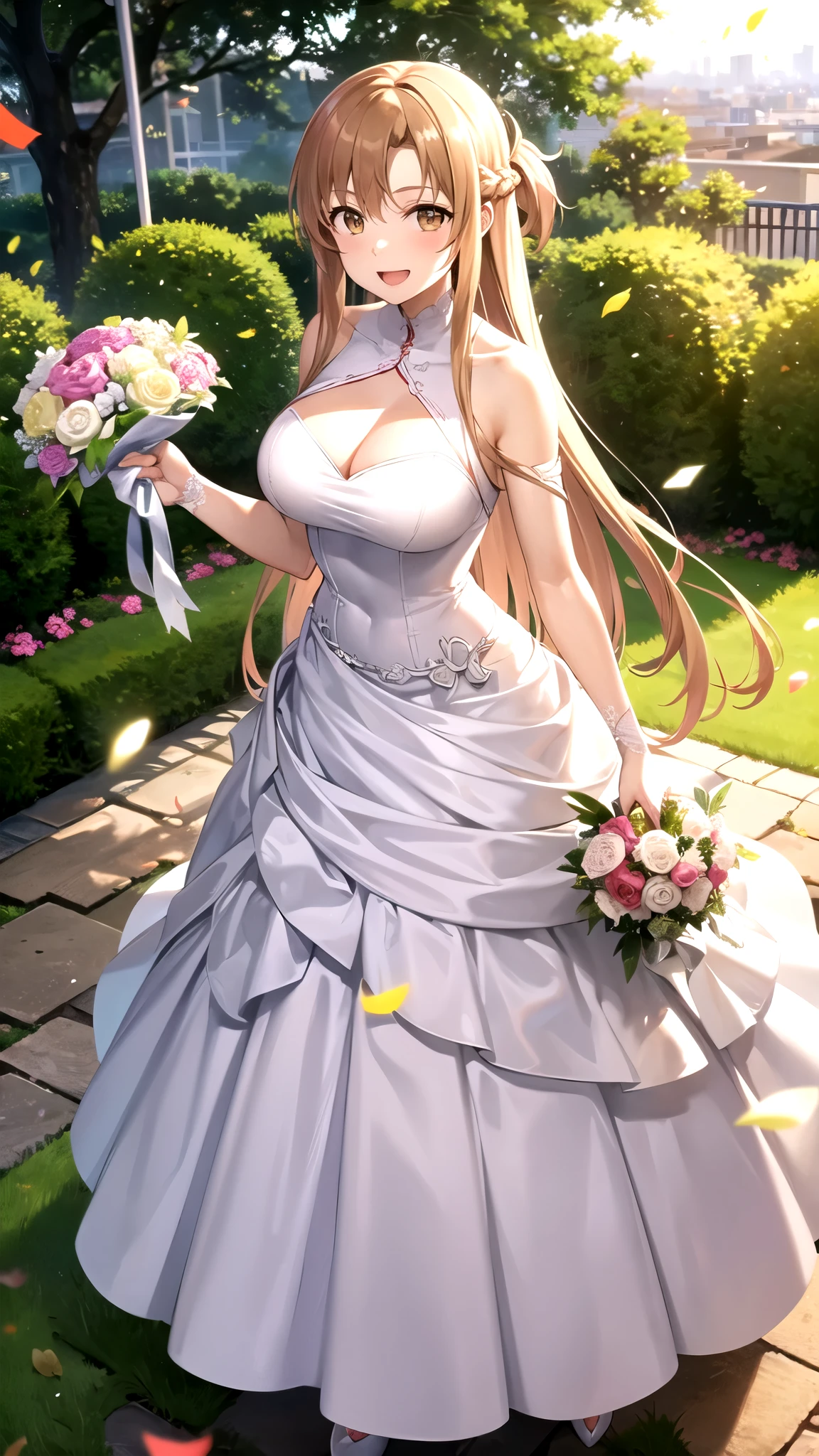 Lumine | genshin impact, master-piece, bestquality, 1girls,25 years old, proportional body, proportional., Wedding Dresses, White Wedding Dress, Long skirt, wedding, ,bara, Standing in the middle of a flower garden, outdoor, wedding, The sky is beautiful, Both hands hold a bouquet of flowers............................................., View viewers from the front., Thigh strap, Head tilt, bored, 10, 10, HD, slight smile,