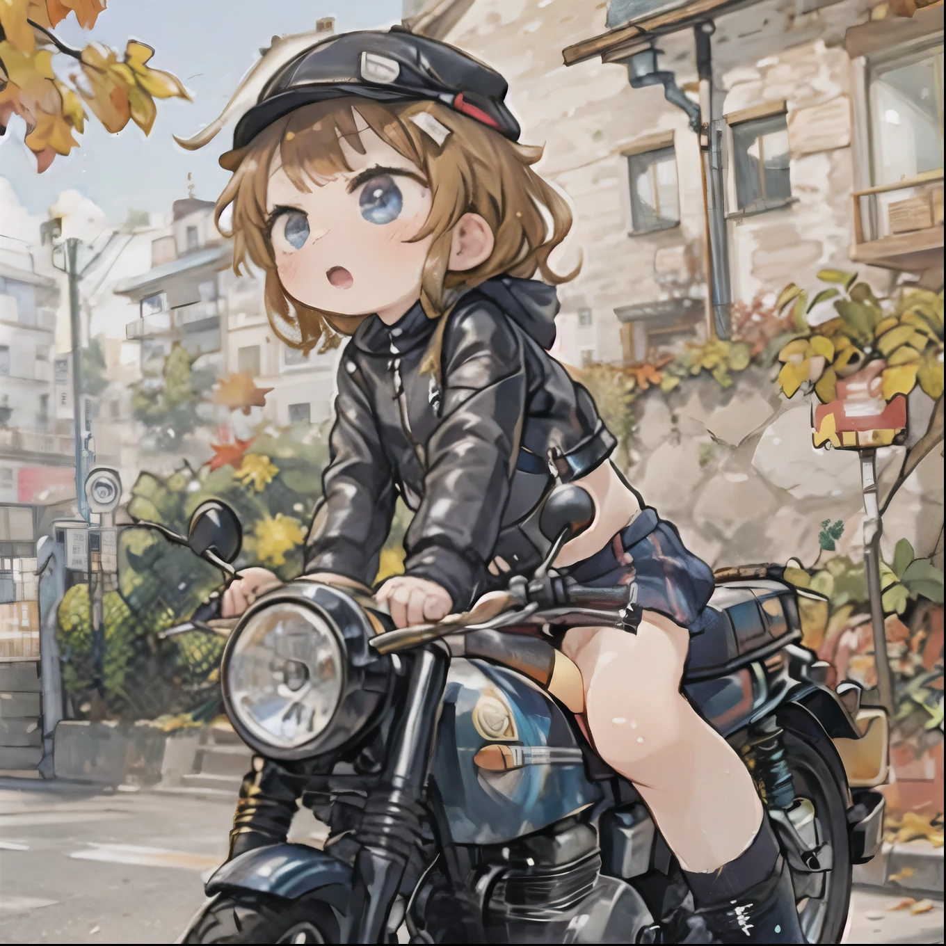 ( greatest masterpiece， top quality:1.2), A young girl rides a motorcycle, Alone,  fall leaves for vaginal discharge，，