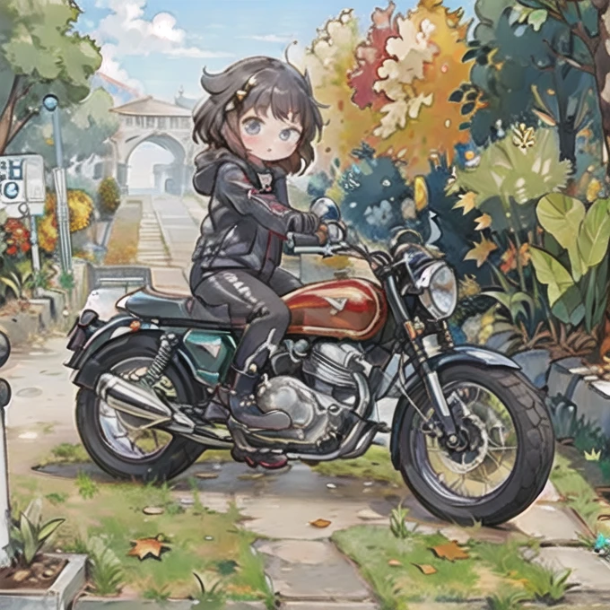 ( greatest masterpiece， top quality:1.2), A young girl rides a motorcycle, Alone,  fall leaves for vaginal discharge， fallen leaves，