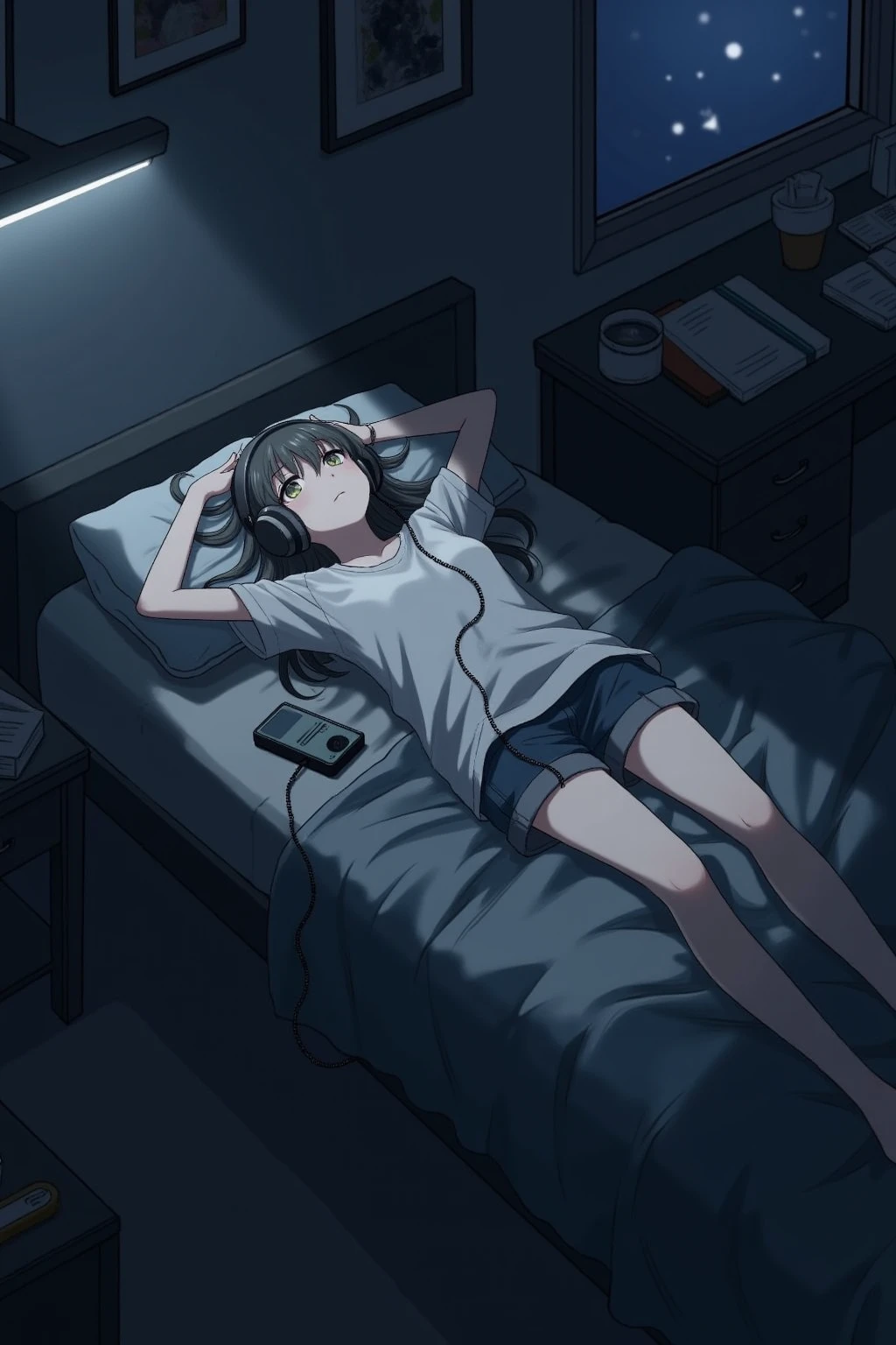 anime_d4rk, alone, solo, 1girl, young girl, lying on bed, headphones, music, melancholic mood, dimly lit room, introspection, night, messy bed, loose clothes, long hair, this is a digital illustration in a soft, melancholic style, depicting a young girl lying on her back on an unmade bed, staring blankly at the ceiling. She wears oversized headphones, connected to a small music player resting on the pillow beside her. Her long, slightly tangled hair fans out across the pillow, and her loose, comfortable shirt and shorts suggest she is seeking solace in the quiet of her room.

The room is dimly lit by the soft, cool glow of moonlight streaming through a half-open window. Shadows dance on the walls, while faint traces of light reflect off scattered objects on a nearby desk, including a notebook and a cup. The bed is simple, with crumpled sheets and a blanket pushed to one side, adding a sense of quiet disarray. The girl's expression is distant, her lips slightly parted, as if lost in thought or drifting in the emotions carried by the music. The muted tones of the room, dominated by shades of blue and gray, enhance the feeling of solitude and introspection, capturing the quiet melancholy of the moment.