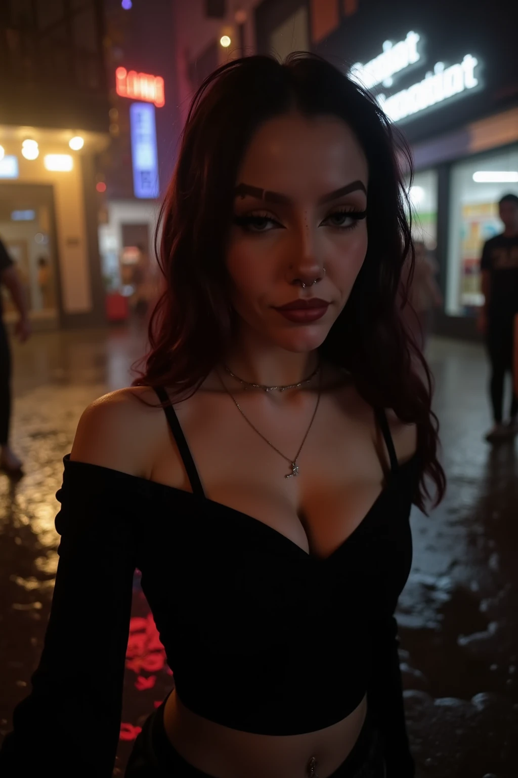 (1girl) belly, narrow waist, curved waist: 1.2)), ((thin and thin waist, slender and thin belly: 1.2)), modern hairstyle, hair with colored highlights, purple streaks in the hair, ((smug face) ), ((tattoo: 1,1)), masterpiece, best quality, realistic, ultra high resolution, depth of field, (two-color neon lighting: 1,2), (detailed face: 1,2), (detailed eyes: 1.2), (detailed background: 1.2), (city, action sequences, cinematic lighting, city storm: 1.2) (masterpiece: 1.2), (ultra detailed), (best quality ), complex and comprehensive cinematic, magical photography, (gradients), colorful and detailed landscape, visual key, glowing skin,