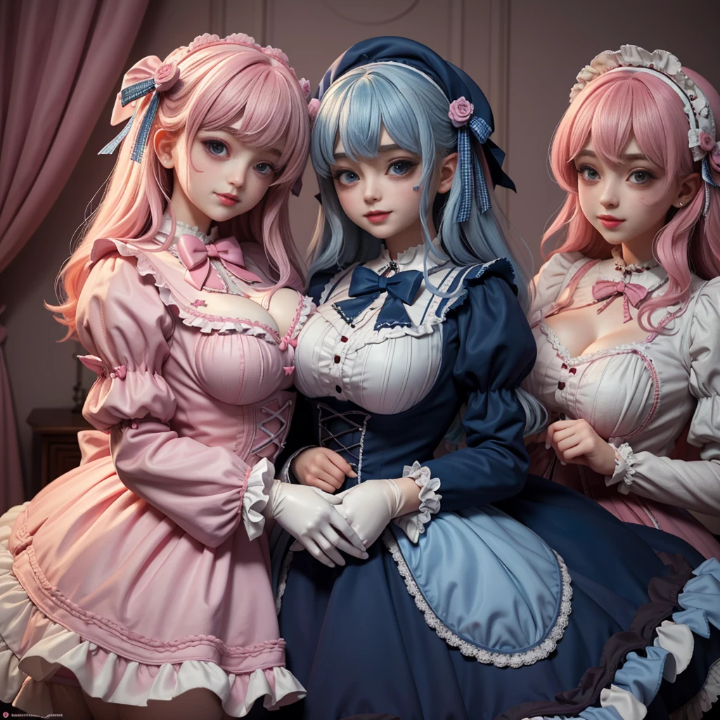 2Girls, Photo,  masterpiece, Sweetlolita im Bedroomgothic Gothic Interior,  blue and white dress fabric , Heart shape on cheek ,  blushing pink makeup , Gloves, smile, Pastel colors, artfully, Broderry,  holds stuffed teddy bear, bokeh,,  huge breasts ,  huge ass