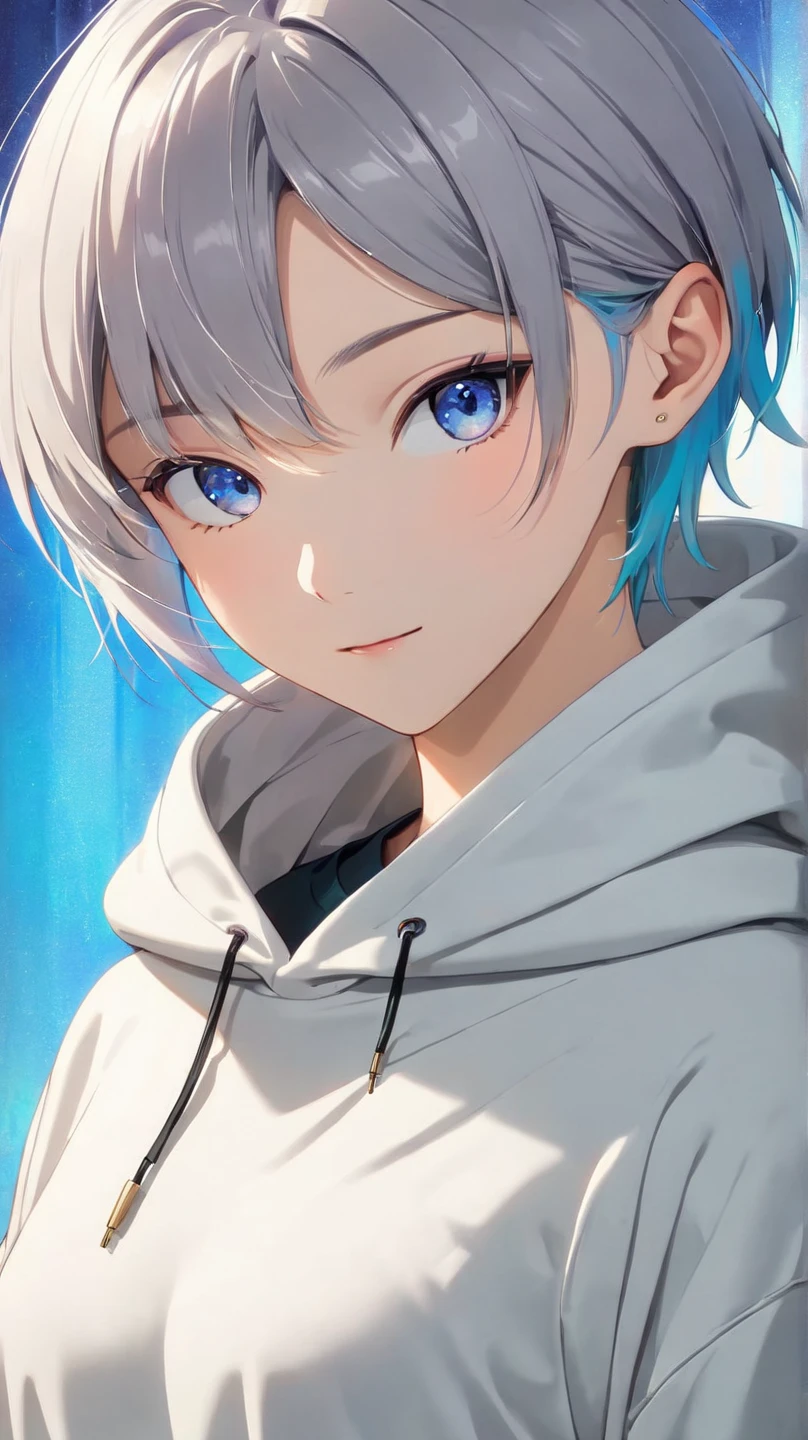 short, tousled light gray hair with a faint bluish tint, sleek and casual hairstyle with soft layers, (boyish and androgynous charm:1.9), calm and introspective young woman, short textured bangs, layered long nape, modern minimalistic style, (oversized hoodie or casual t-shirt:1.3), (relaxed-fit pants:1.3), ethereal and mysterious atmosphere, serene and gentle smile, cinematic lighting, crisp details, vibrant colors, beautiful detailed face and eyes, natural posing, looking at the camera, relaxed expression, all body, low angle, vibrant tones, clear center part (center part:1.2), small eyes (subtle:0.3), parted bangs (balanced:1.2), low hair volume (natural:1.3), side undercut (minimal:1.2), compact and neat hair around the left side near the ear and nape, long nape (enhanced:1.2), Well-Defined Facial Features, (Pink Lips:0.6), Fine Details and Realistic Textures, Perfectly Proportioned Face,  medium breasts, beautiful body, slim figure, Beautiful breasts, BREAK, beauty legs, Long, slender legs, Flat shading, vivid colors, sharp line art, clean outlines, cell shading, minimal texture, anime background, simple and elegant composition, cinematic yet anime-inspired lighting, vibrant tones, and a clear, (2D anime style:1.3). (Perfect Anatomy:1.3), front view