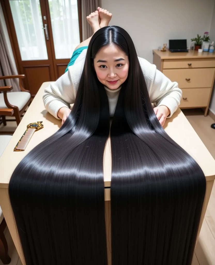 8k,Highest quality, masterpiece, Ultra-high resolution,(masterpiece:1.6, Highest quality), Intricate details, 1 female,Middle-aged woman in her 50s, japanese, full body, ((dynamic pose:1.4)), top of head, ((Absurdly Long hair:1.5)), ((jet Black Hair)), ((forehead:1.5)), fat body, Fat face, round face, Saggy face, crow's feet wrinkies, ((huge breasts, gigantic breasts:1.5)), ((super Saggy breasts:1.5)), ((pale skin, shiny skin)),  bewitching expression,((Mature woman lying face down on the table:1.5)),((The mature woman&#39;s incredibly long, lustrous black hair covers the entire table.:1.5)),(( white sweater,turquoise mini skirt:1.2)),((Bright living room in daytime,Dressing table,Wooden comb,Tortoiseshell hair clip:1.2))