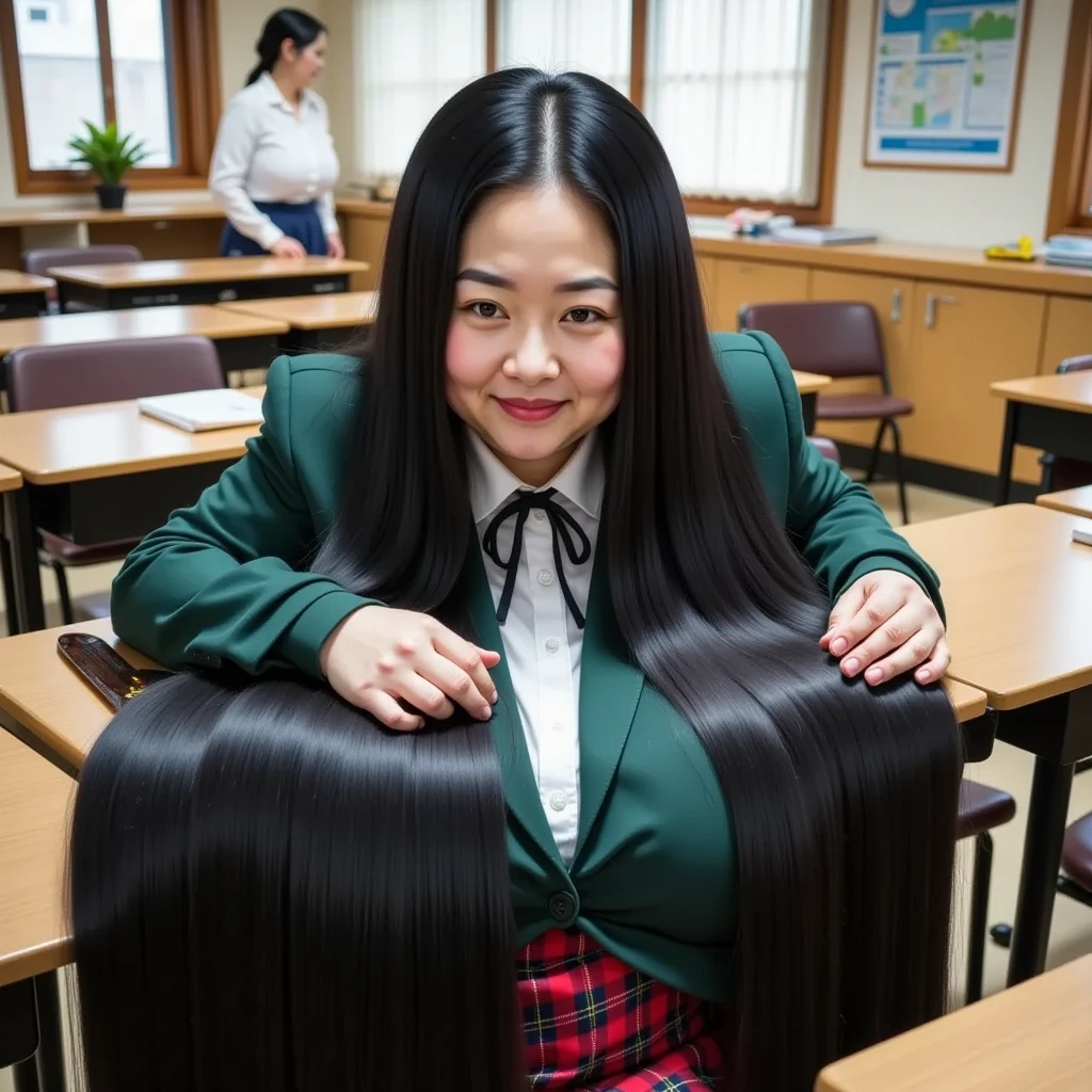 8k,Highest quality, masterpiece, Ultra-high resolution,(masterpiece:1.6, Highest quality), Intricate details, 1 female,Middle-aged woman in her 50s, japanese, full body, ((dynamic pose:1.4)), top of head, ((Absurdly Long hair:1.5)), ((jet Black Hair)), ((forehead:1.5)), Extremely obese, Fat face, round face, Saggy face, crow's feet wrinkies, ((huge breasts, gigantic breasts:1.5)), ((super Saggy breasts:1.5)), ((pale skin, shiny skin)),  bewitching expression,((A mature woman is lying face down on her desk :1.5)),(( mature woman's ridiculously long, glossy black hair covers her desk:1.5)),((shcool uniform with green blazer,red check skirt ,:1.2)),((Bright school classroom during the day,Wooden comb,Tortoiseshell hair clip:1.2))