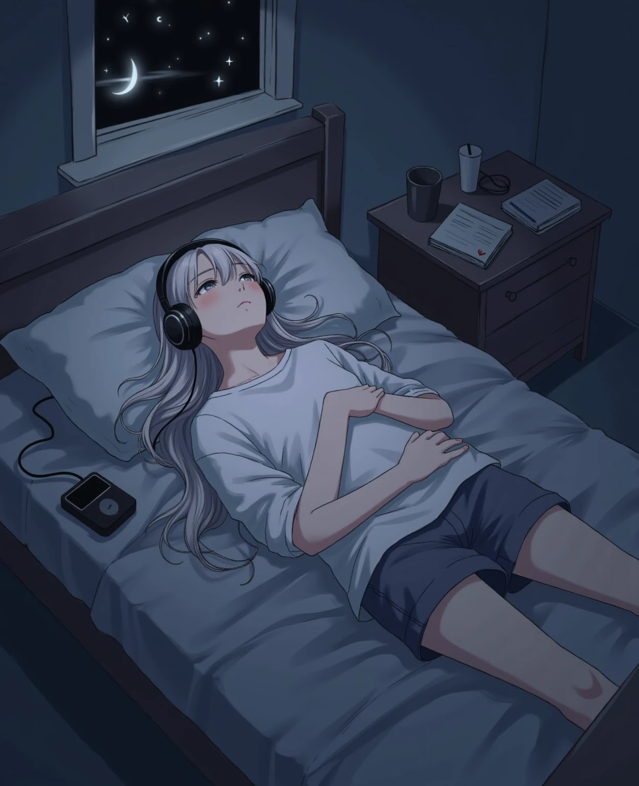 anime_d4rk, alone, solo, 1girl, young girl, lying on bed, headphones, music, melancholic mood, dimly lit room, introspection, night, messy bed, loose clothes, long hair, this is a digital illustration in a soft, melancholic style, depicting a young girl lying on her back on an unmade bed, staring blankly at the ceiling. She wears oversized headphones, connected to a small music player resting on the pillow beside her. Her long, slightly tangled hair fans out across the pillow, and her loose, comfortable shirt and shorts suggest she is seeking solace in the quiet of her room.

The room is dimly lit by the soft, cool glow of moonlight streaming through a half-open window. Shadows dance on the walls, while faint traces of light reflect off scattered objects on a nearby desk, including a notebook and a cup. The bed is simple, with crumpled sheets and a blanket pushed to one side, adding a sense of quiet disarray. The girl's expression is distant, her lips slightly parted, as if lost in thought or drifting in the emotions carried by the music. The muted tones of the room, dominated by shades of blue and gray, enhance the feeling of solitude and introspection, capturing the quiet melancholy of the moment.