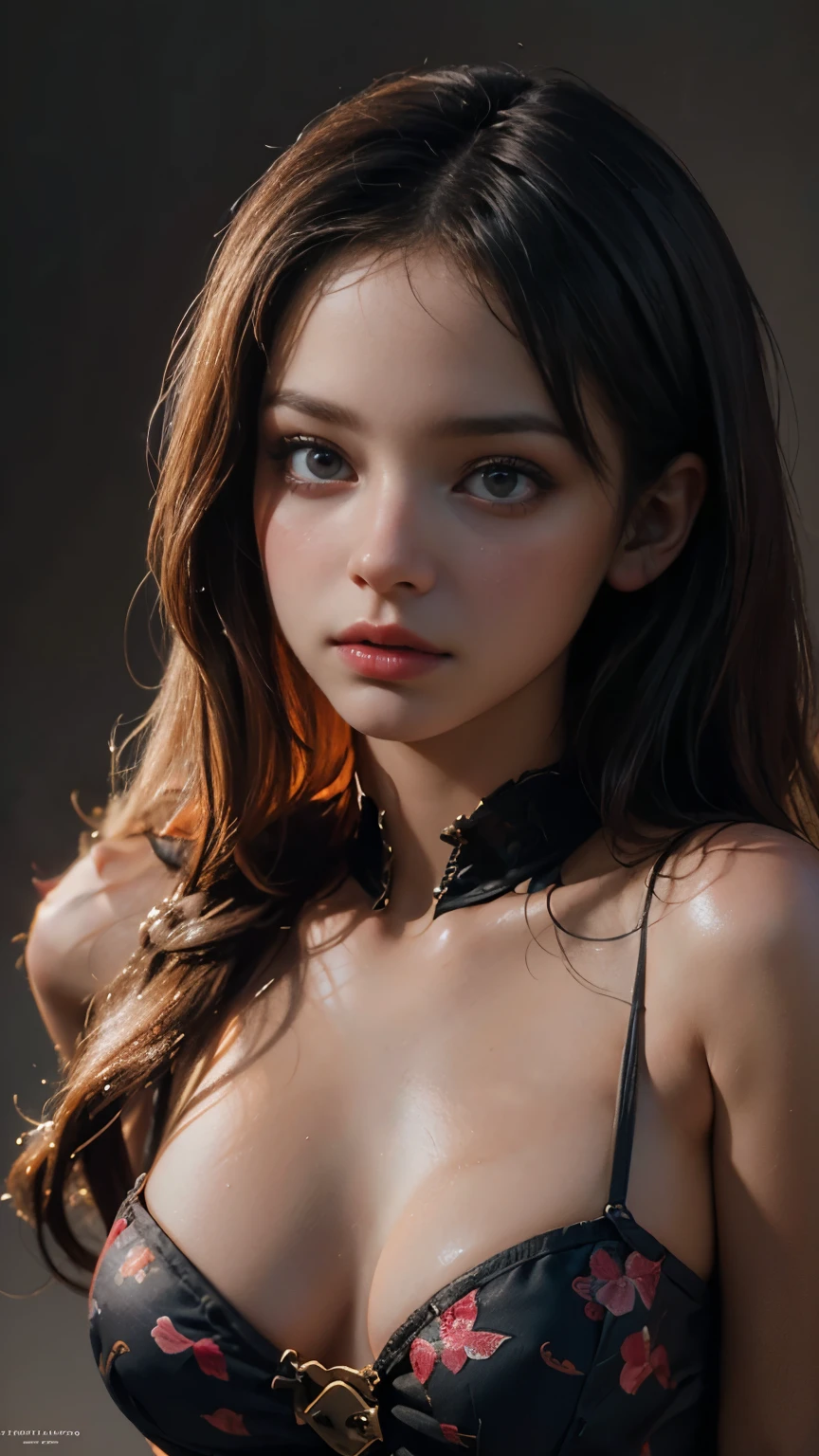 (masterpiece, highres, high resolution:1.2), realistic, portrait, A redheaded slutty woman looking at the camera, beautiful portrait photo, portrait, upper body close-up, sexy, super huge breasts, cleavage, Charlie Bowater character art, epic illustration, new art core and Charlie Bowater, high quality portrait, fantasy concept art portrait, detailed matte fantasy portrait, Charlie Bowater art style, detailed beautiful portrait, fantasy art portrait, dark, chiaroscuro, low key, oil and watercolor, best proportion, perfect anatomy, colorful floral print wallpaper backdrop