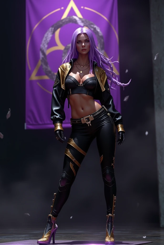 Image, 8K, super detailed, ultra resolution, young woman, perfect breasts, full body, legs and feet, straight violet hair with long futuristic dreadlocks, futuristic necklace, black top bra, short golden leather jacket with black sleeves, futuristic gloves, leggings with futuristic golden details, futuristic tactical belt. futuristic high heel boots, purple banner with a golden triangle and three coiled snakes forming a circle. dark fantasy, cinematic.