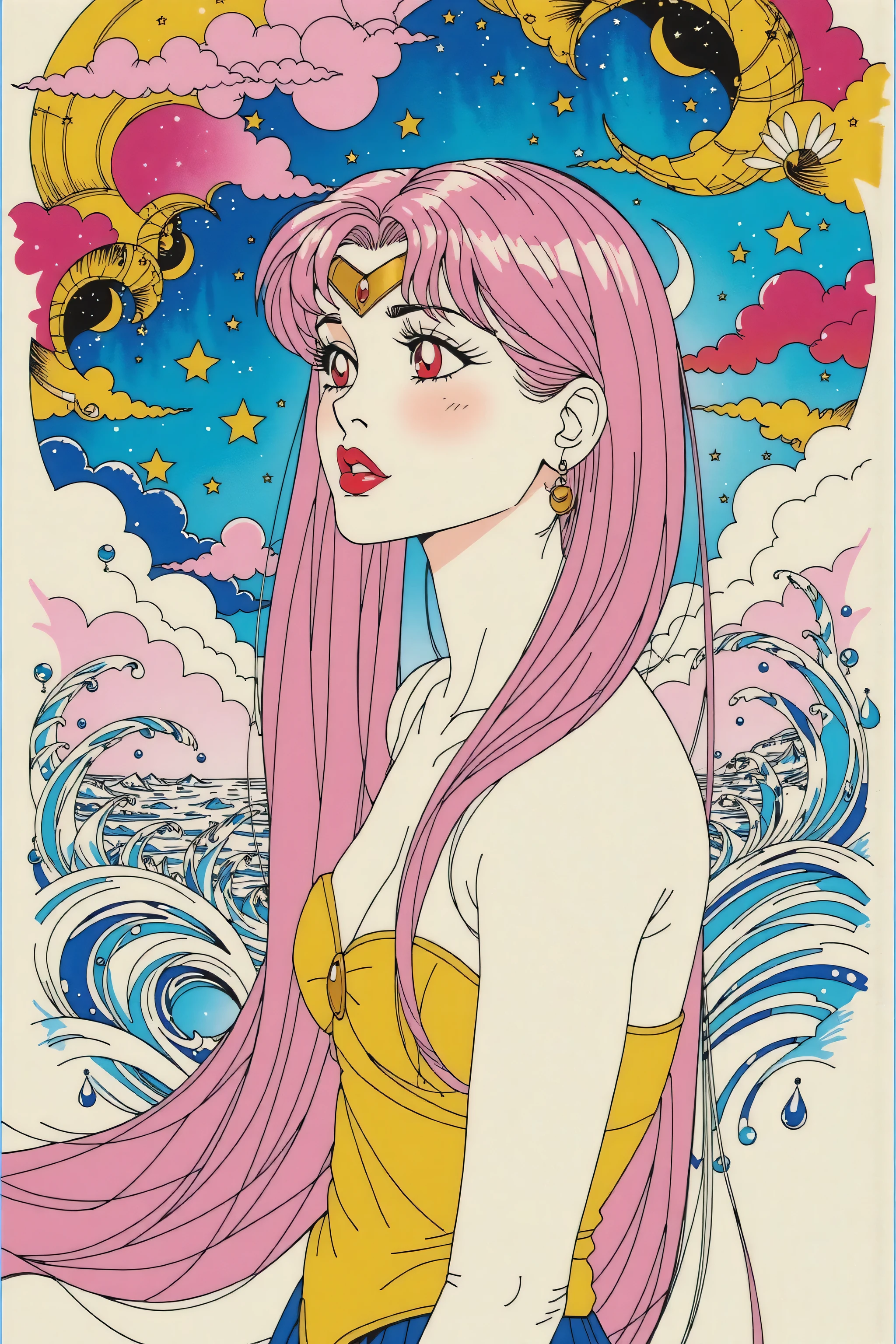 (White background:1.4),((Wicked Lady from Sailor Moon)), head silhouette, pink hair, Oriental elements,(Chinese illustration:1.3,Paper Art:1.3, キルティングPaper Art:1.2),( Streamlined Design, Clear lines, High sharpness,Better Quality, Very detailed, Master Parts, Film Light Effect, 4K ) Illustration design, porcelain doll skin, beautiful detailed red eyes, beautiful detailed lips, extremely detailed gold eyes and face, long eyelashes, upper body, from side, looking at viewer, (fractal art:1.3), (pink hair:1.2), water, liquid, cloud, colorful, starry, stars, (best quality, 4k, 8k, highres, masterpiece:1.2), ultra-detailed, (realistic, photorealistic, photo-realistic:1.37), vibrant colors, studio lighting, extremely detailed description, professional, concept art, surreal, 1920s french vibe, monochromatic gold and pink palette, in the style of french illustrator moebius, gold elements,
