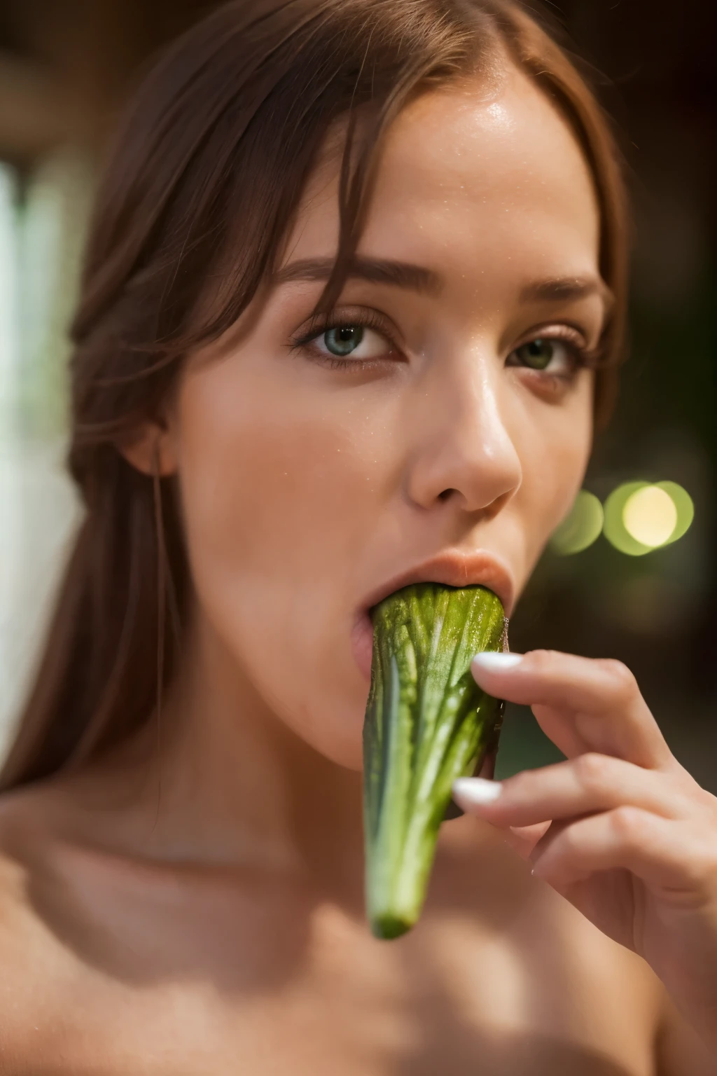 Best quality, master piece, detailed, intricate, realistic, 4K. A Young ginger girl sucking a carrot, green eyes, glowing skin, realistic Textures, texture skin.