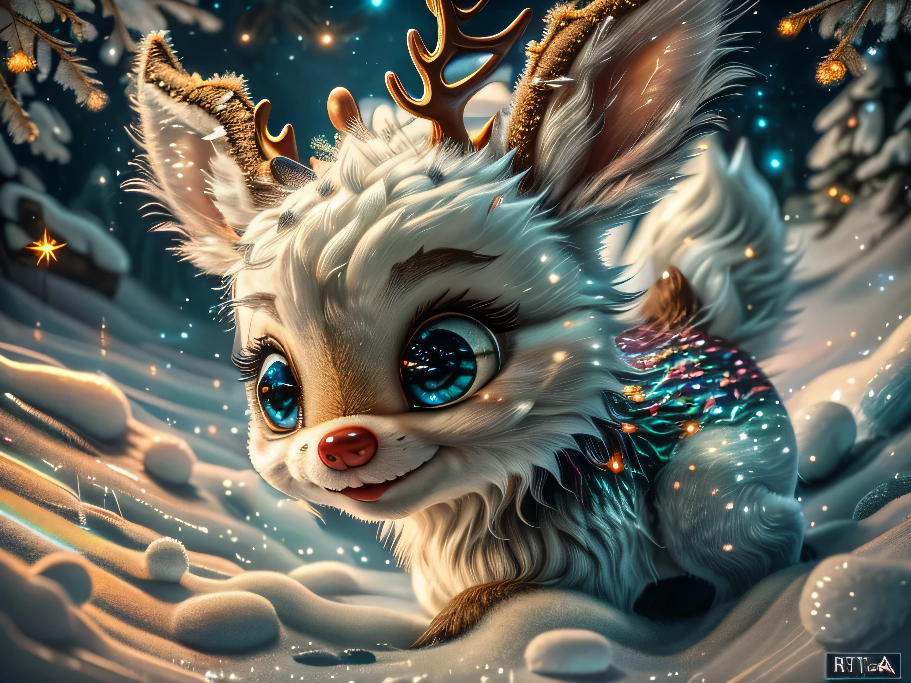 Magical Fantasy Creature, (Best Quality, Masterpiece, Representative Work, Official Art, Professional, Super Detailed, 8k:1.3), (Photorealism:1.2) Super Cute, Big Eyes, Soft, Soft Nose, Fluffy, Double-Toothed Smile, Aurorastyle, Highly detailed Dynamic shot of majestic adorable baby reindeer, high quality, beautiful masterpiece, fantasy creature, kawaii, digital art, glowing sparkles, Realistic, Beautiful, Stars in Eyes, Soft Volumetric Light, (Backlight:1.3), (Cinematic:1.2), Intricate Details, (ArtStation:1.3), --auto --s2