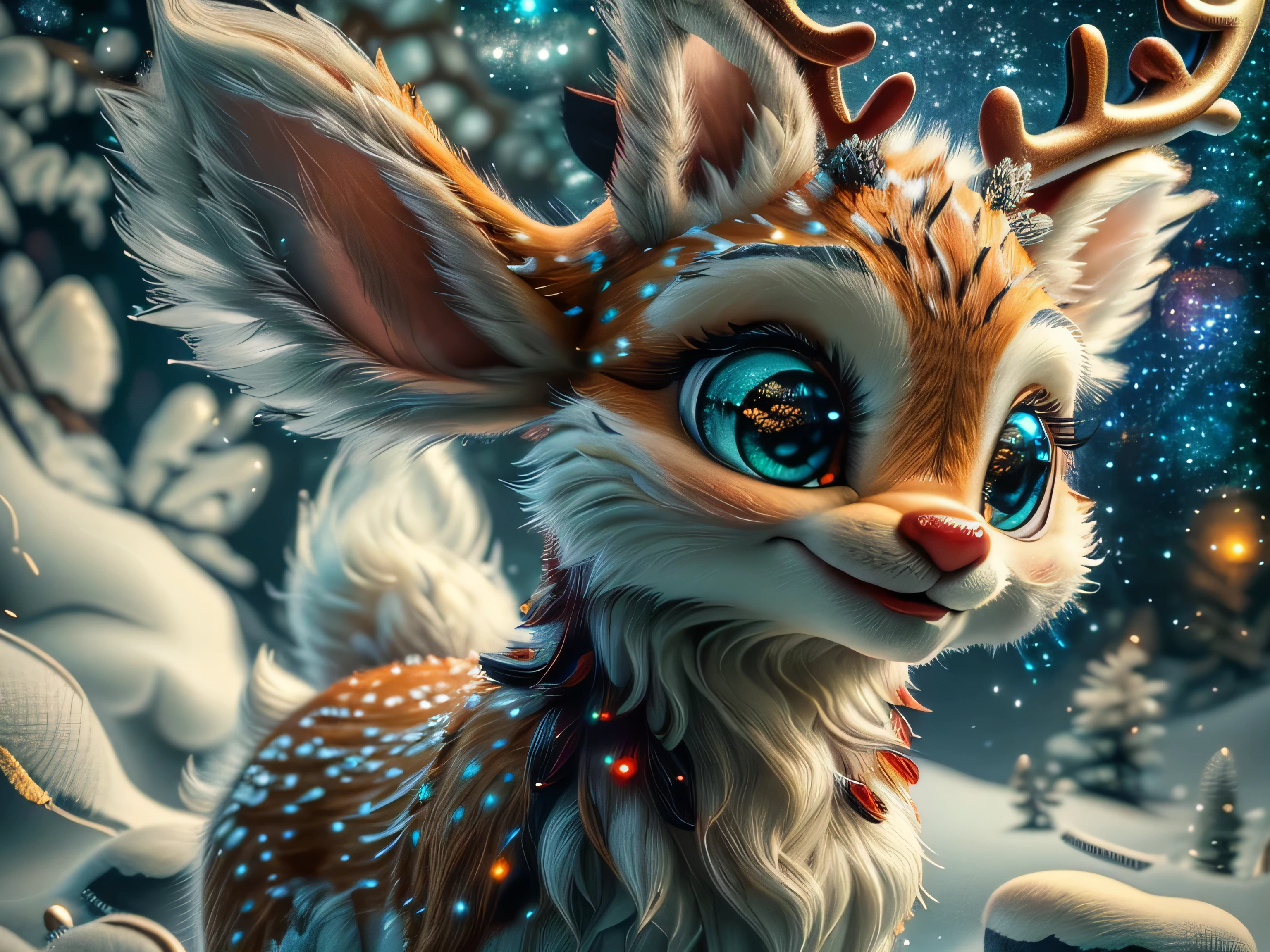 Magical Fantasy Creature, (Best Quality, Masterpiece, Representative Work, Official Art, Professional, Super Detailed, 8k:1.3), (Photorealism:1.2) Super Cute, Big Eyes, Soft, Soft Nose, Fluffy, Double-Toothed Smile, Aurorastyle, Highly detailed Dynamic shot of majestic adorable  reindeer, high quality, beautiful masterpiece, fantasy creature, kawaii, digital art, glowing sparkles, Realistic, Beautiful, Stars in Eyes, Soft Volumetric Light, (Backlight:1.3), (Cinematic:1.2), Intricate Details, (ArtStation:1.3), --auto --s2