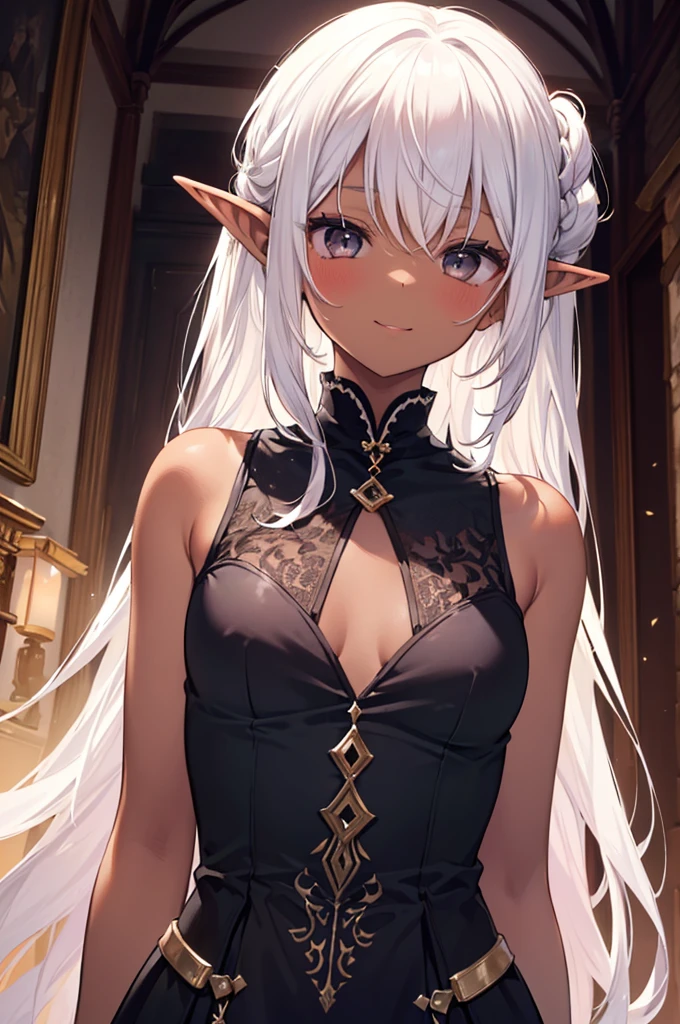 Vibrant colors, Small and beautiful ,dark skiin Big breasts dress,Torn dress,Tattered Dress,Dark skin,elf princess,long ears, White hair, masterpiece, High quality, 8K, High resolution, detaileds,single braid, red eyes,earring, jewelry