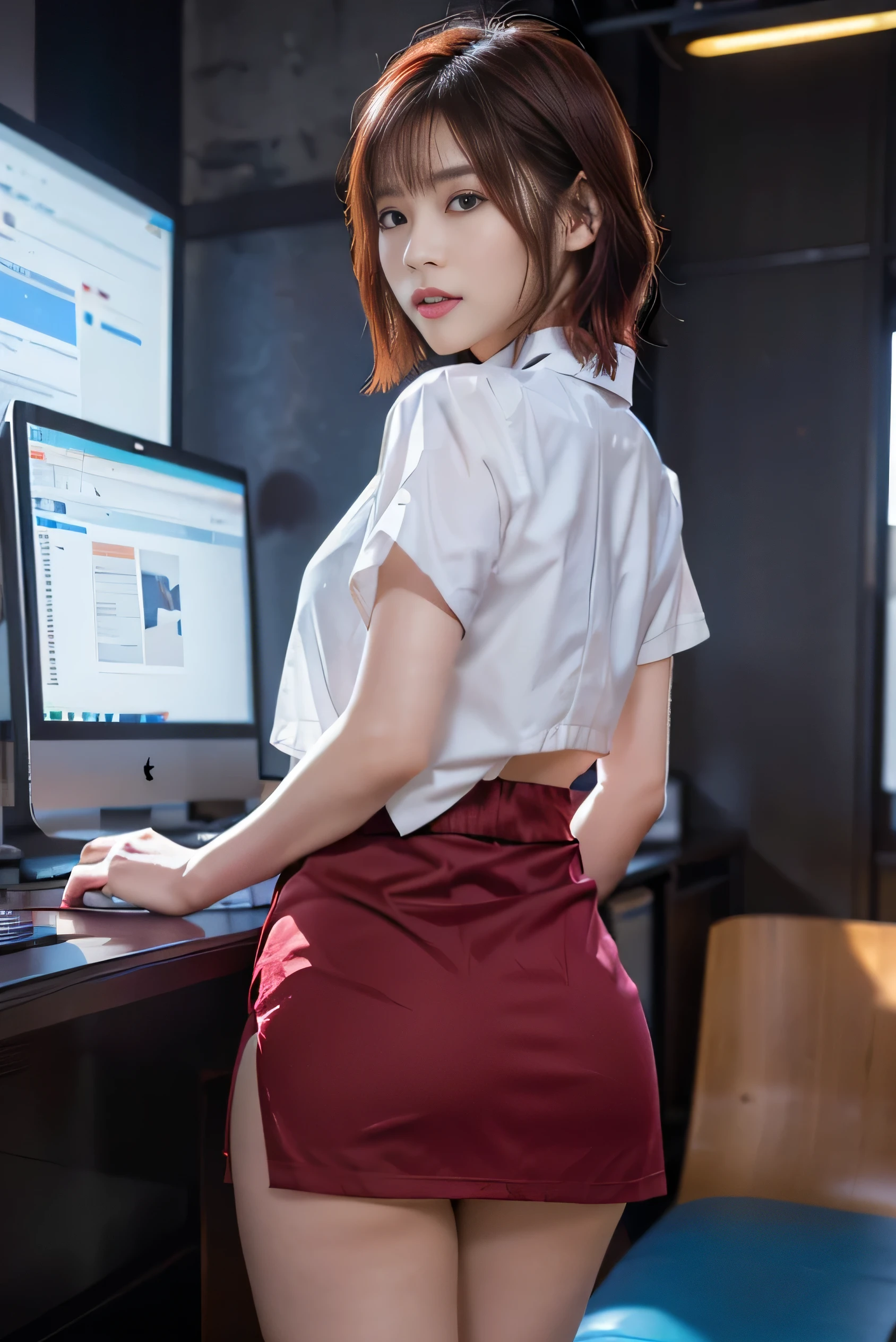 ((masterpiece))、((highest quality))、picture、Reality、high resolution、Ultra-detailed、Delicate facial features、short hair、Realistic background and accessories、Big breasted married woman、40 years old、office、desk work、indirect lighting、Sunshine and Shade、At work、profile、bright red high neck shirt、See through、Tight mini skirt、Displaying a computer screen、Butt、Panty lines、