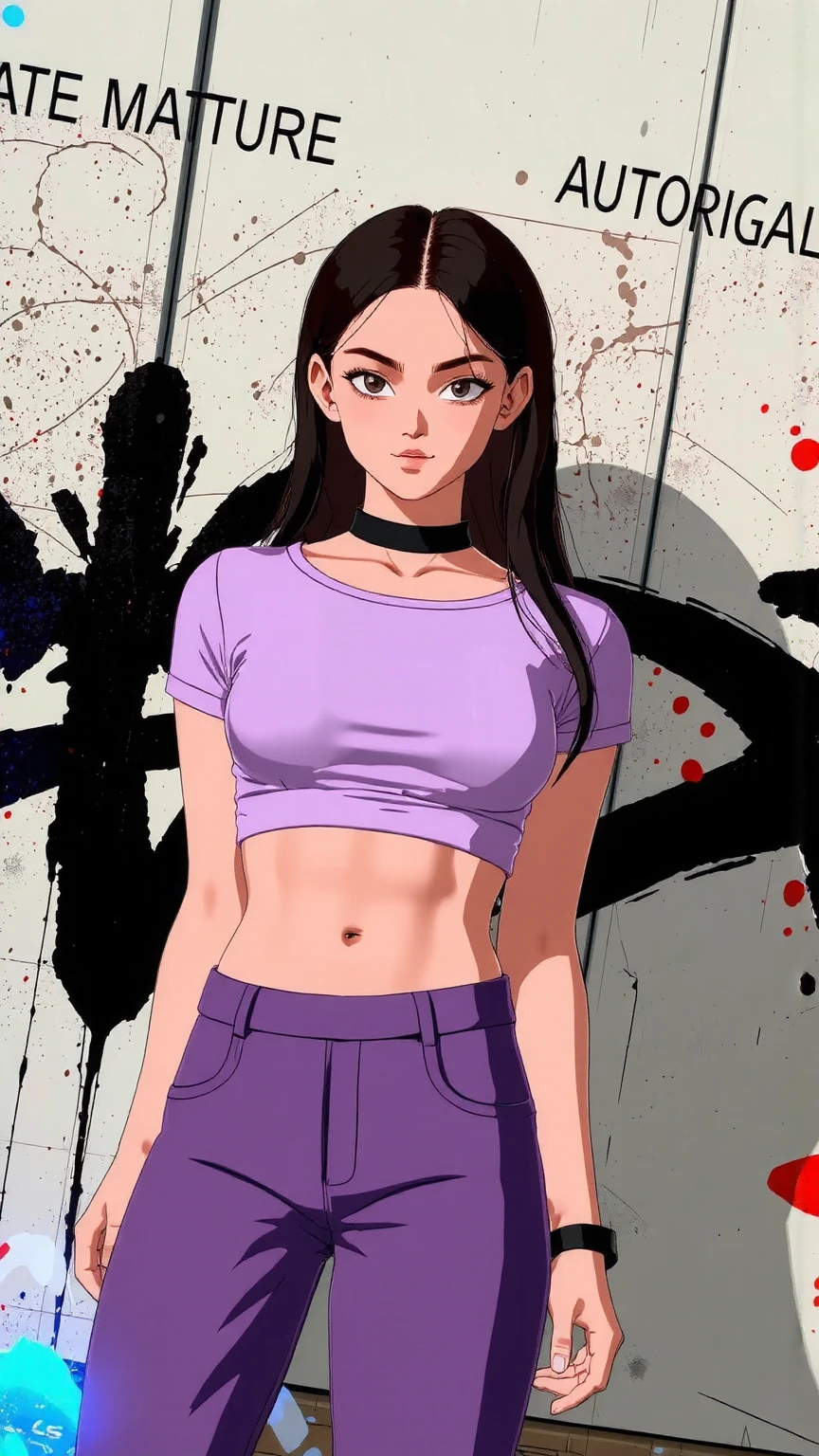 (masterpiece, best quality:1.4), official art, absurdres, vivid colors, girl, teen, beautiful eyes, tight crop top, tight pants, choker, (splash ink, graffiti on wall:1.2), navel, slender, standing, from below, cowboy shot, small waist, thick thighs, (arch back, perky butt:0.6), sharp focus, dynamic lighting, cinematic lighting, dramatic shadow, highres, ultra detailed, finely detail, extremely detailed, detailed eyes and face, sharp pupils, realistic pupils, simple background, big breasts, cleavage, 