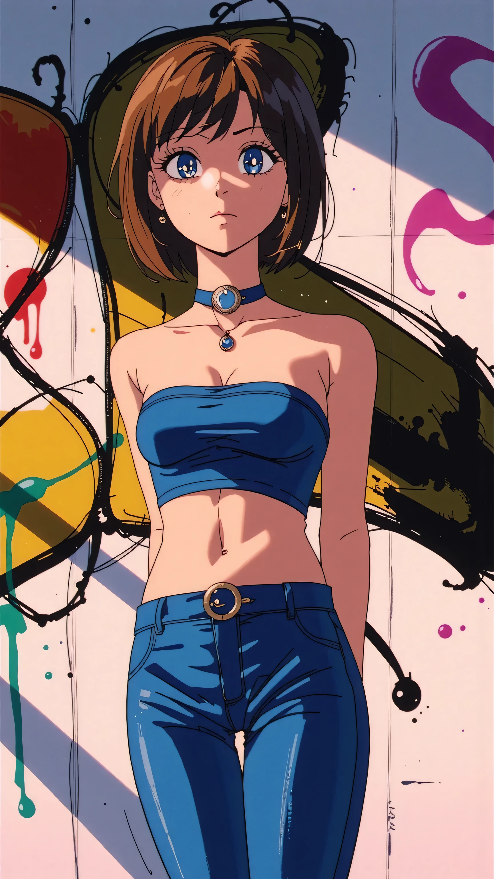 (masterpiece, best quality:1.4), official art, absurdres, vivid colors, girl, teen, beautiful eyes, tight crop top, tight pants, choker, (splash ink, graffiti on wall:1.2), navel, slender, standing, from below, cowboy shot, small waist, thick thighs, (arch back, perky butt:0.6), sharp focus, dynamic lighting, cinematic lighting, dramatic shadow, highres, ultra detailed, finely detail, extremely detailed, detailed eyes and face, sharp pupils, realistic pupils, simple background, big breasts, cleavage, 