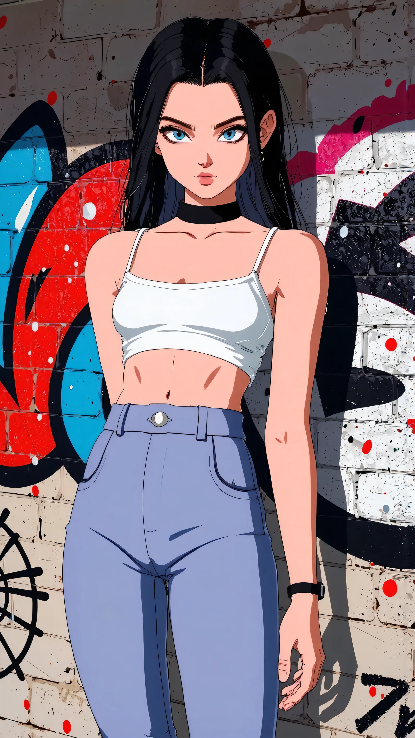 (masterpiece, best quality:1.4), official art, absurdres, vivid colors, girl, teen, beautiful eyes, tight crop top, tight pants, choker, (splash ink, graffiti on wall:1.2), navel, slender, standing, from below, cowboy shot, small waist, thick thighs, (arch back, perky butt:0.6), sharp focus, dynamic lighting, cinematic lighting, dramatic shadow, highres, ultra detailed, finely detail, extremely detailed, detailed eyes and face, sharp pupils, realistic pupils, simple background, big breasts, cleavage, 