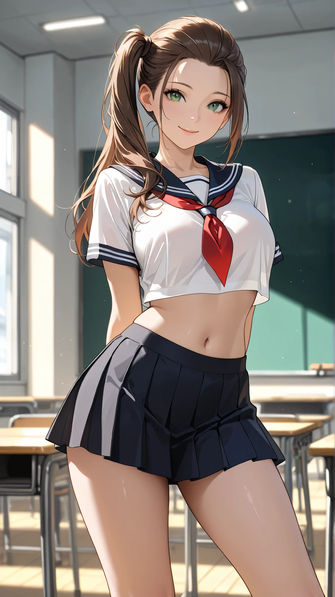 masterpiece, best quality, very aesthetic, realistic detailed anime, Sharp Focus, 1lady, JK, detailed face, detailed green eyes, smile, semi-long hair, dark brown silky hair, hair styled in a center-parted slicked-back look, side ponytail, contrapposto, hands behind back, navel, Captivating thighs, knee, classroom, (sheer crop top white shirt), sailor suit, pleated skirt, red ribbon tie